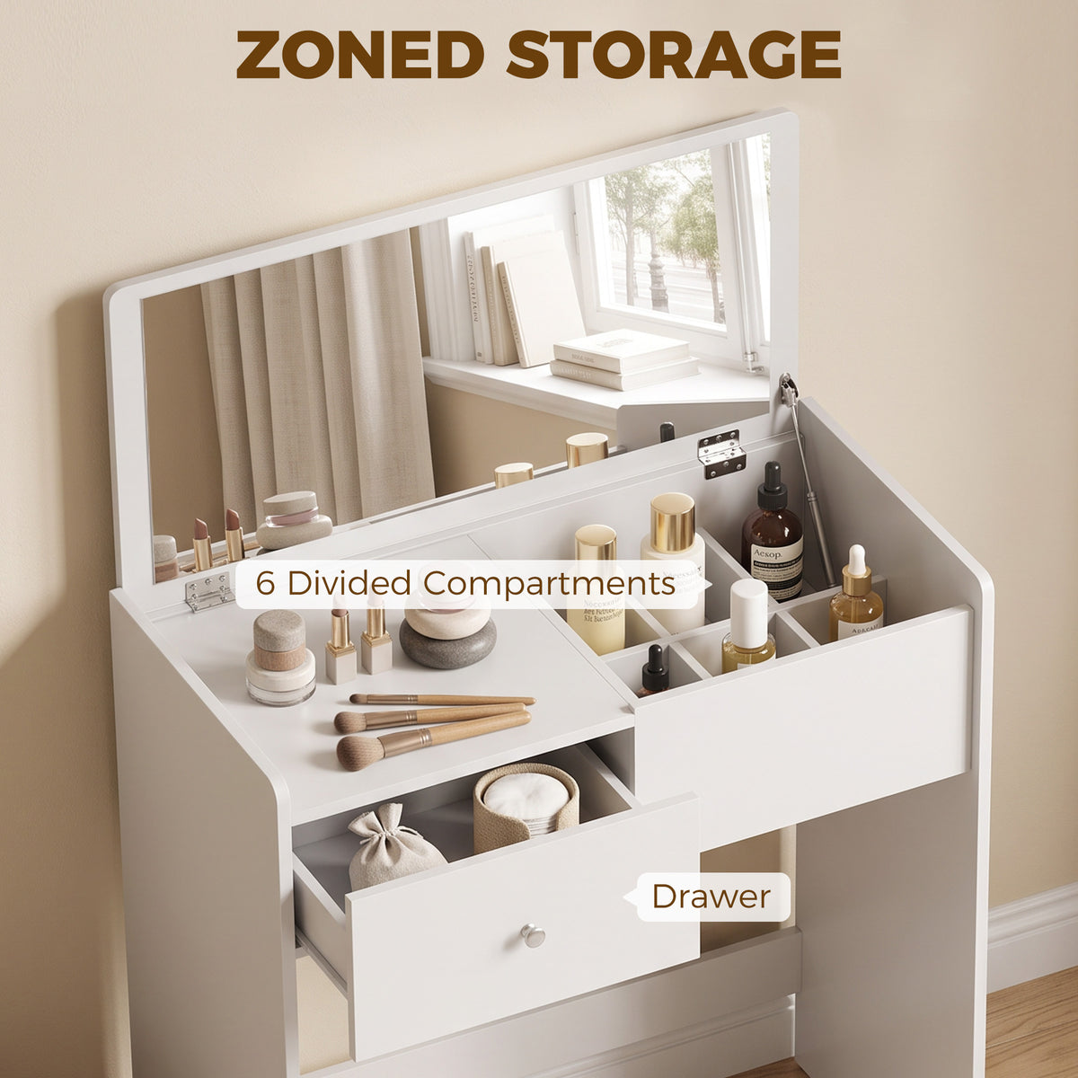 White vanity desk with mirror, six divided compartments, and a front drawer