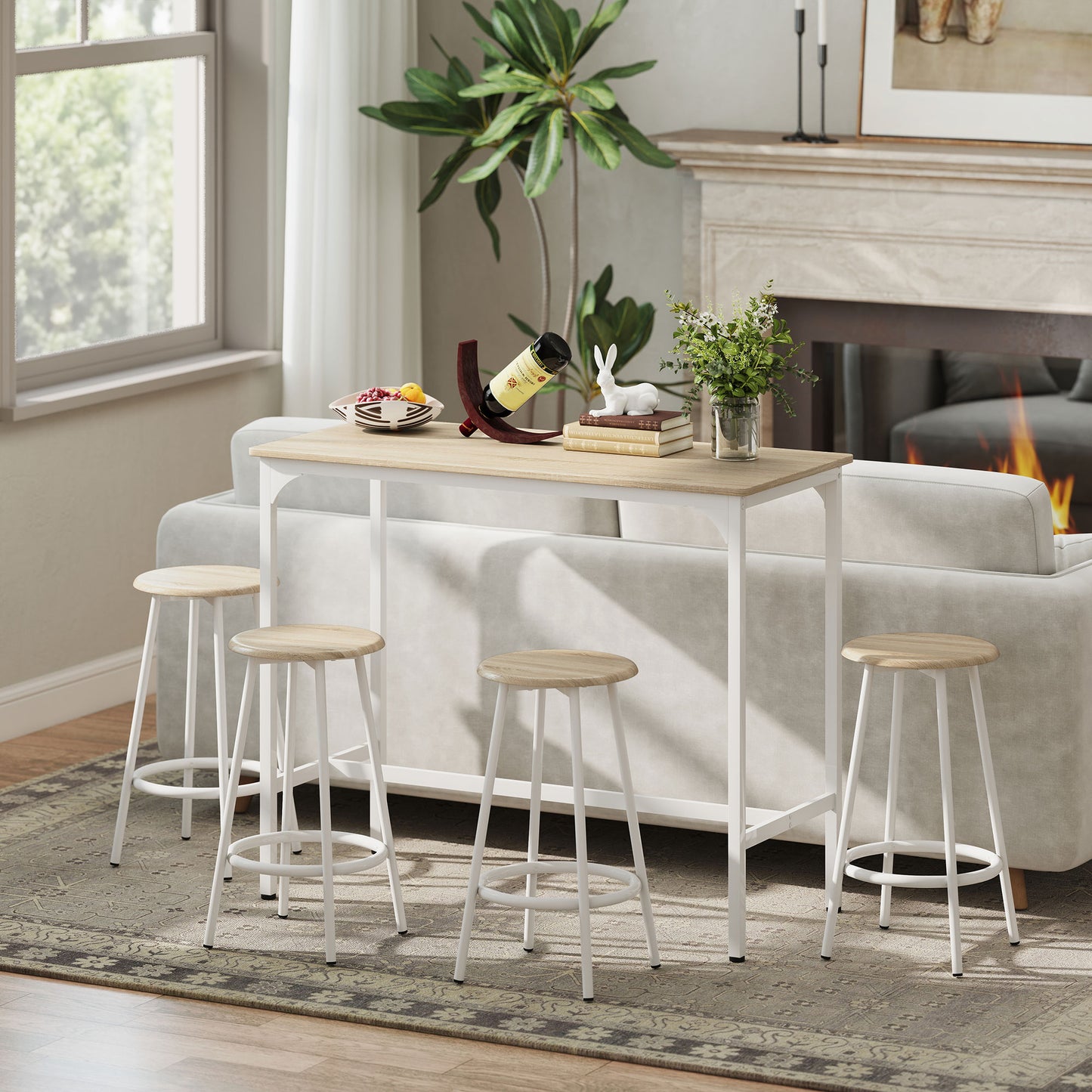HOMCOM Five Piece Bar Table Set For Four With Stools Metal Frame Footrest Natural Wood