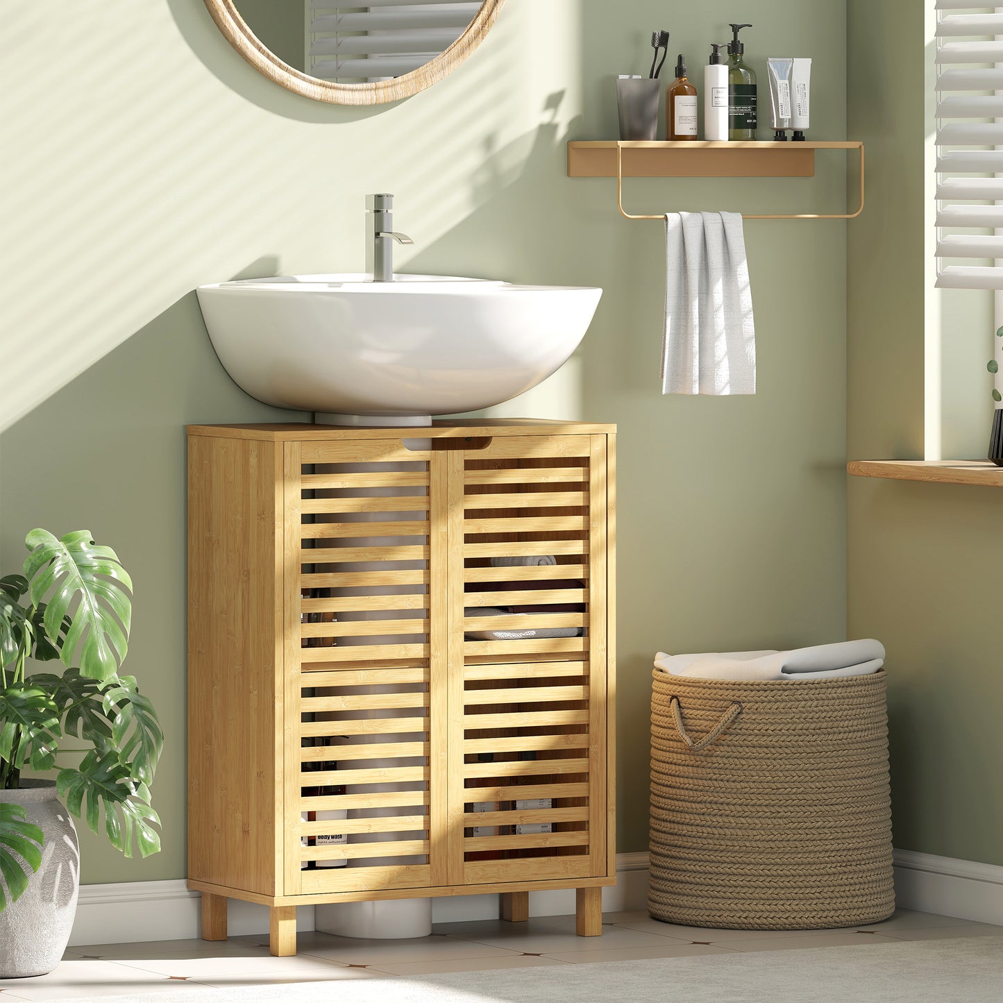 HOMCOM Under Sink Bathroom Cabinet Freestanding Bamboo Cabinet With Louvered Doors Adjustable Shelf Natural Finish