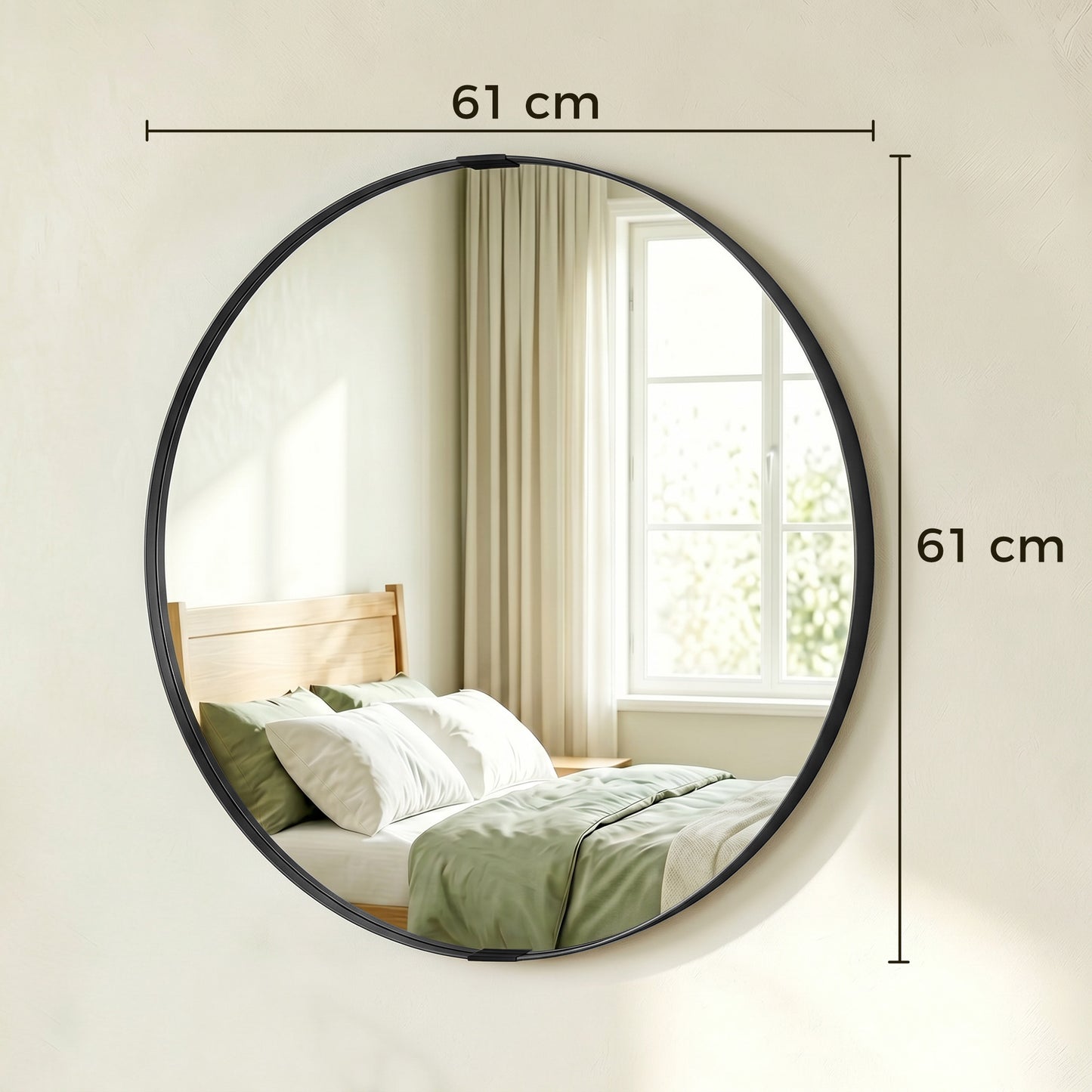 HOMCOM Round Wall Mirror 61 Cm Black Aluminium Alloy Frame Wall Mounted Bathroom Mirror With Tempered Safety Glass