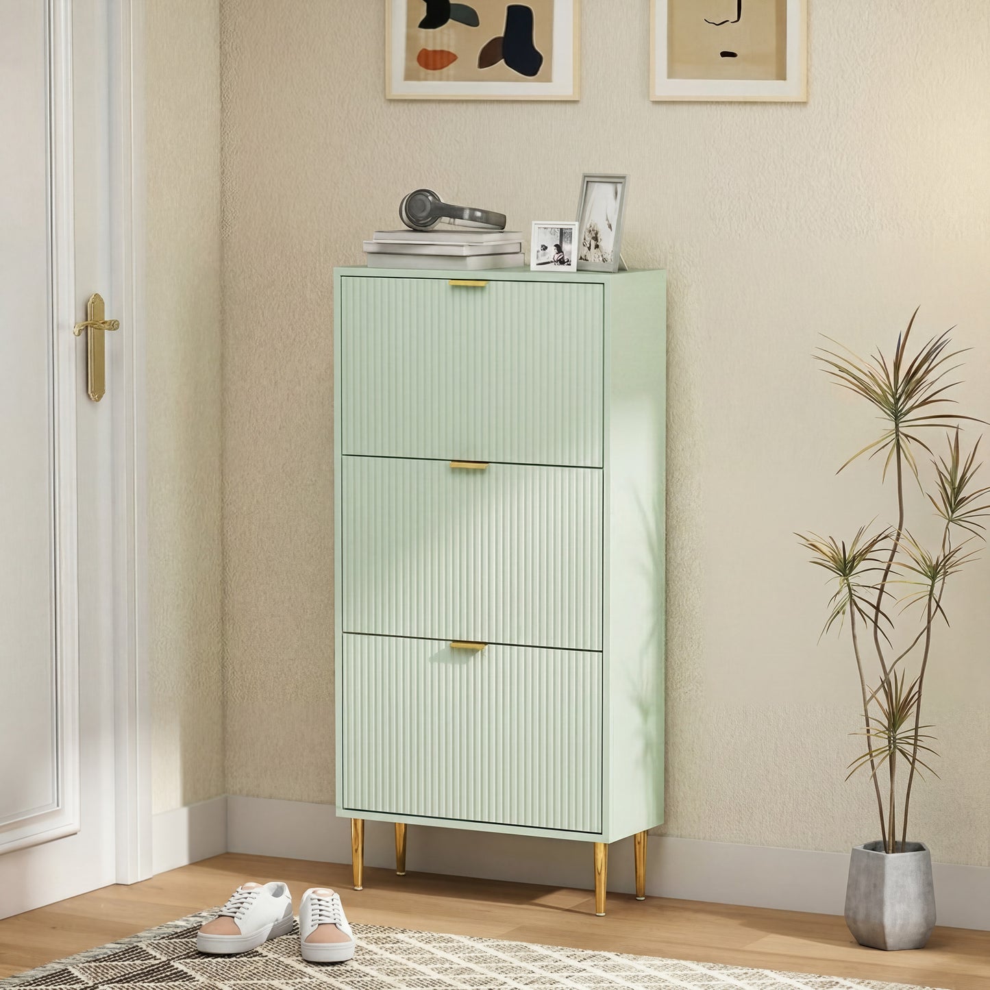 HOMCOM Elegant Three Drawer Shoe Cabinet Light Green With Ridged Front Doors And Gold Tone Details