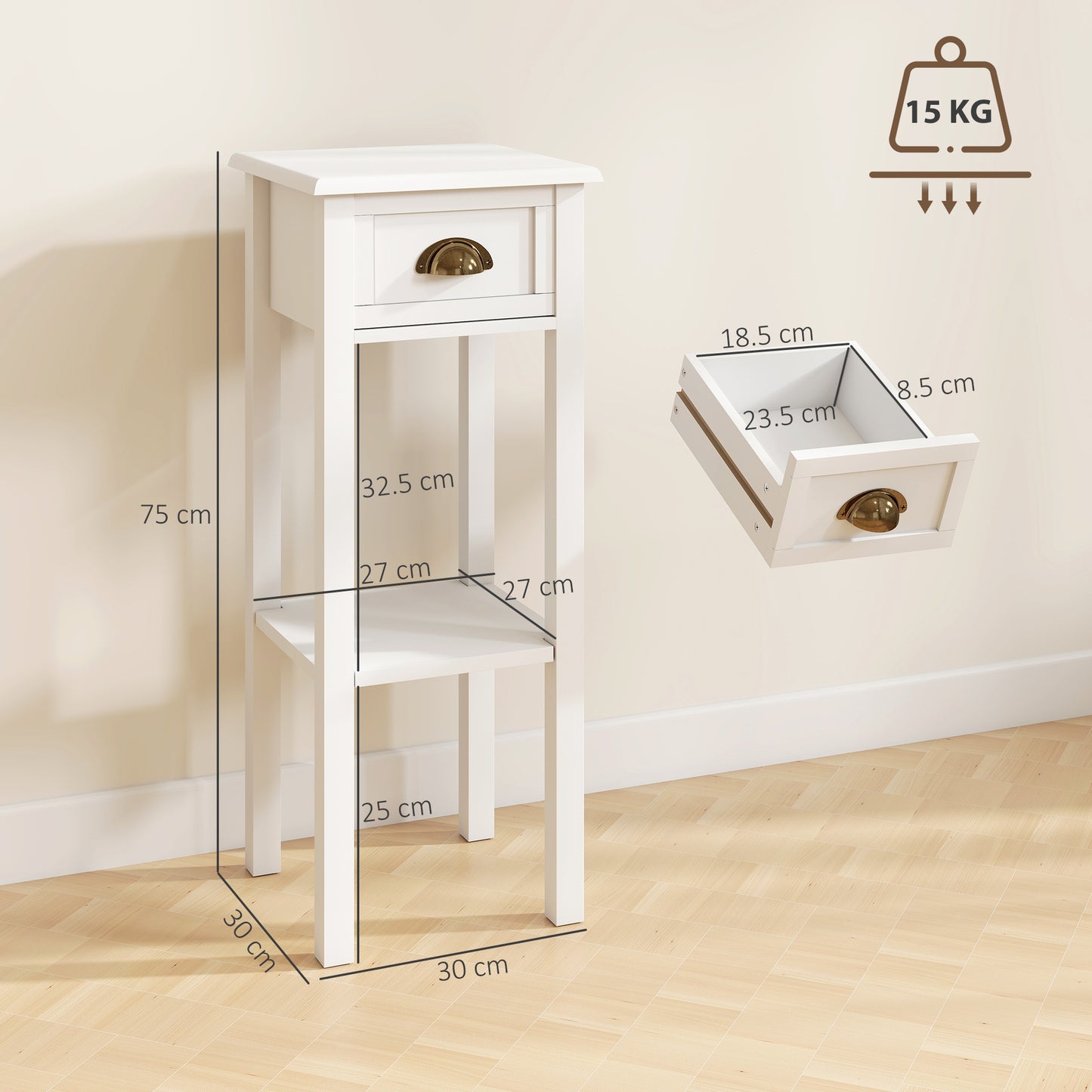 HOMCOM Two Tier Bedside Tables Set of Two with Drawer and Shelf White for Living Room and Hallway