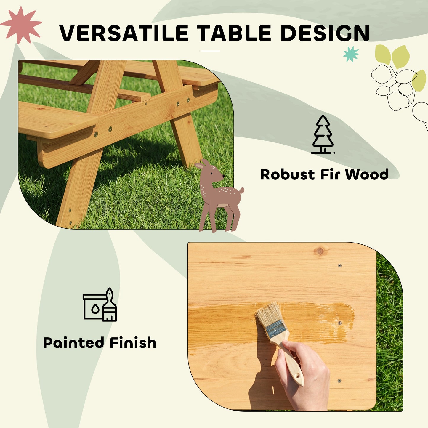 AIYAPLAY Kids Outdoor Picnic Table And Integrated Benches In Solid Fir Wood Natural Finish For Stable A Frame Design