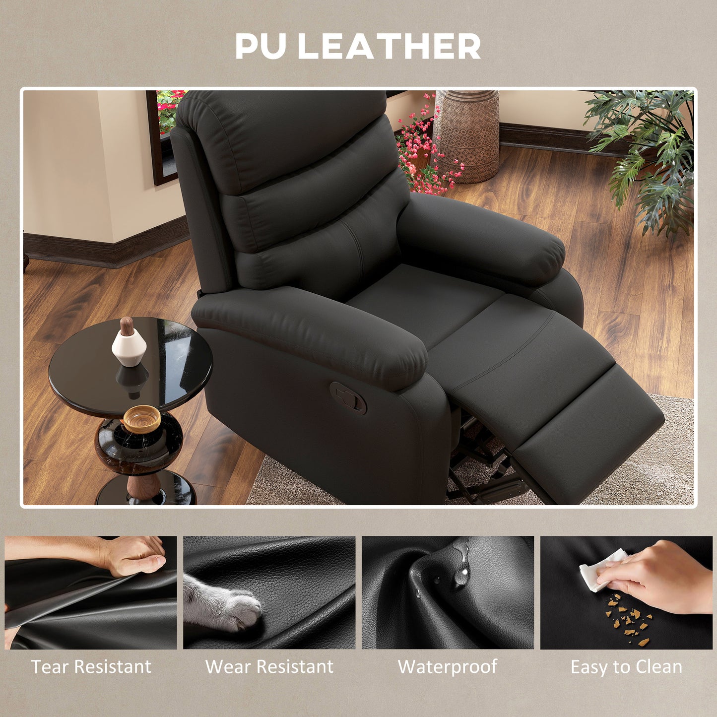 HOMCOM PU Leather Reclining Chair Manual Recliner With Padded Armrests Retractable Footrest Wood Frame Black