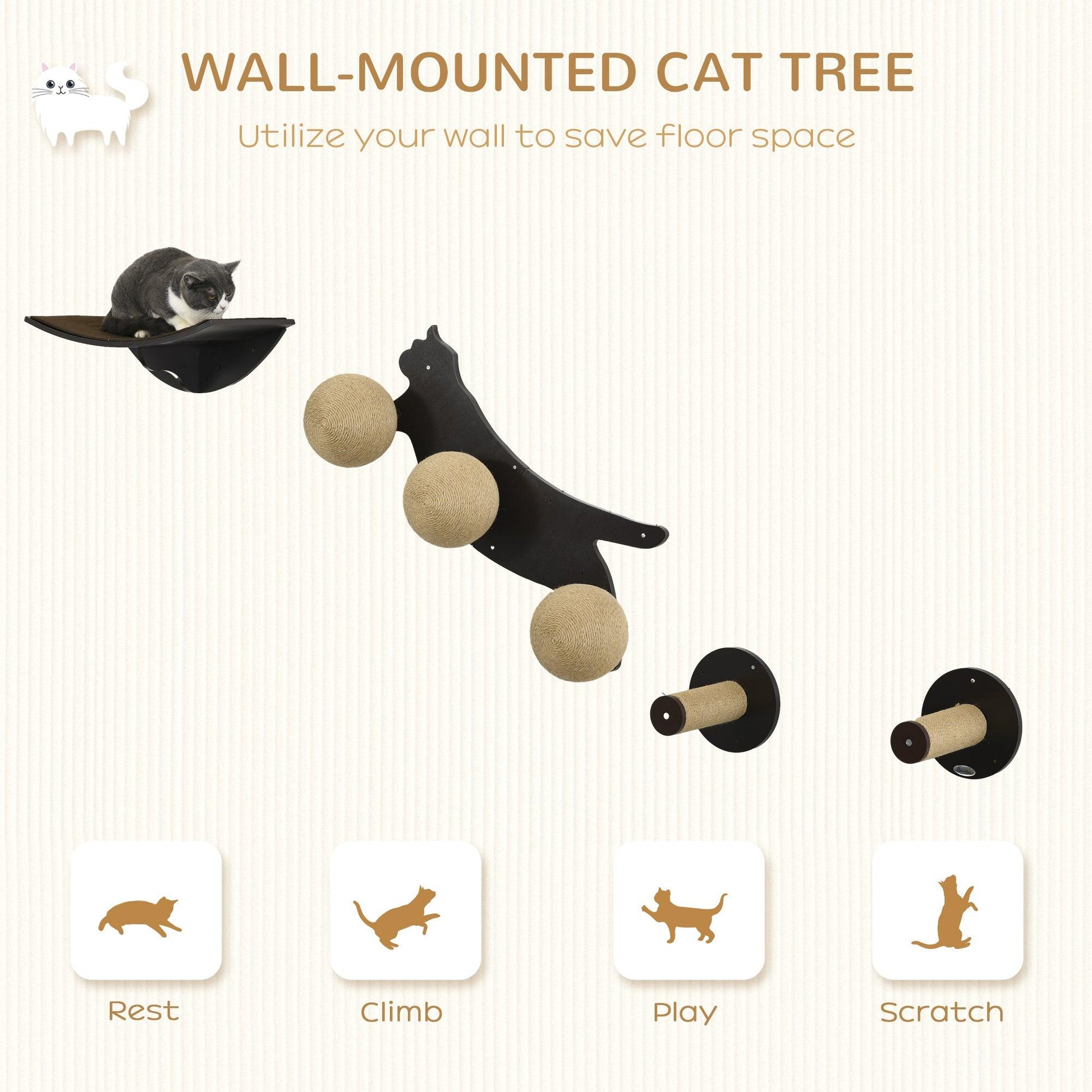 PawHut 4-Piece Wall Mounted Cat Shelves with Scratching Balls - Tawny Brown - ALL4U RETAILER LTD