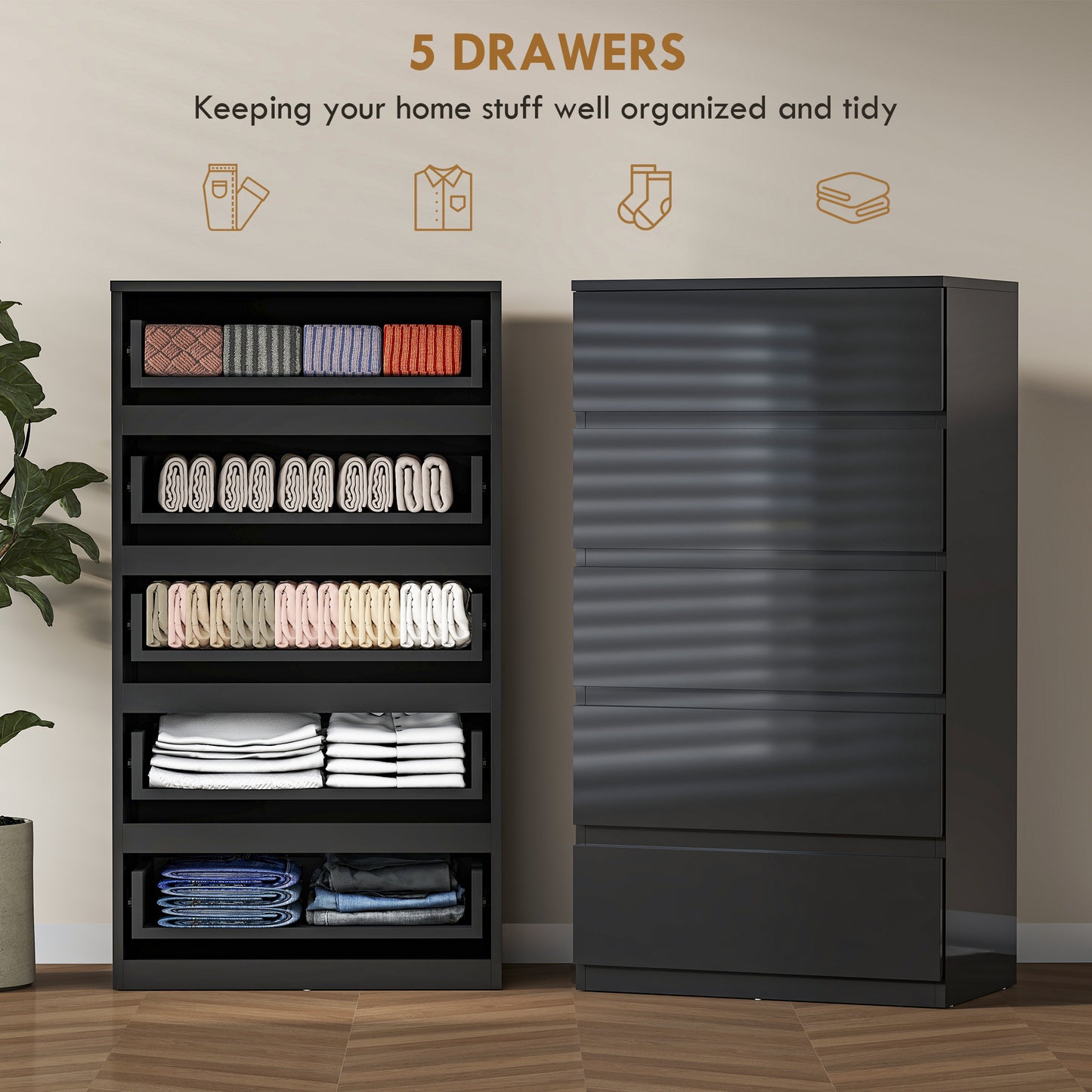 HOMCOM Five Drawer Chest Of Drawers Modern Dresser Storage Cabinet For Bedroom Organization