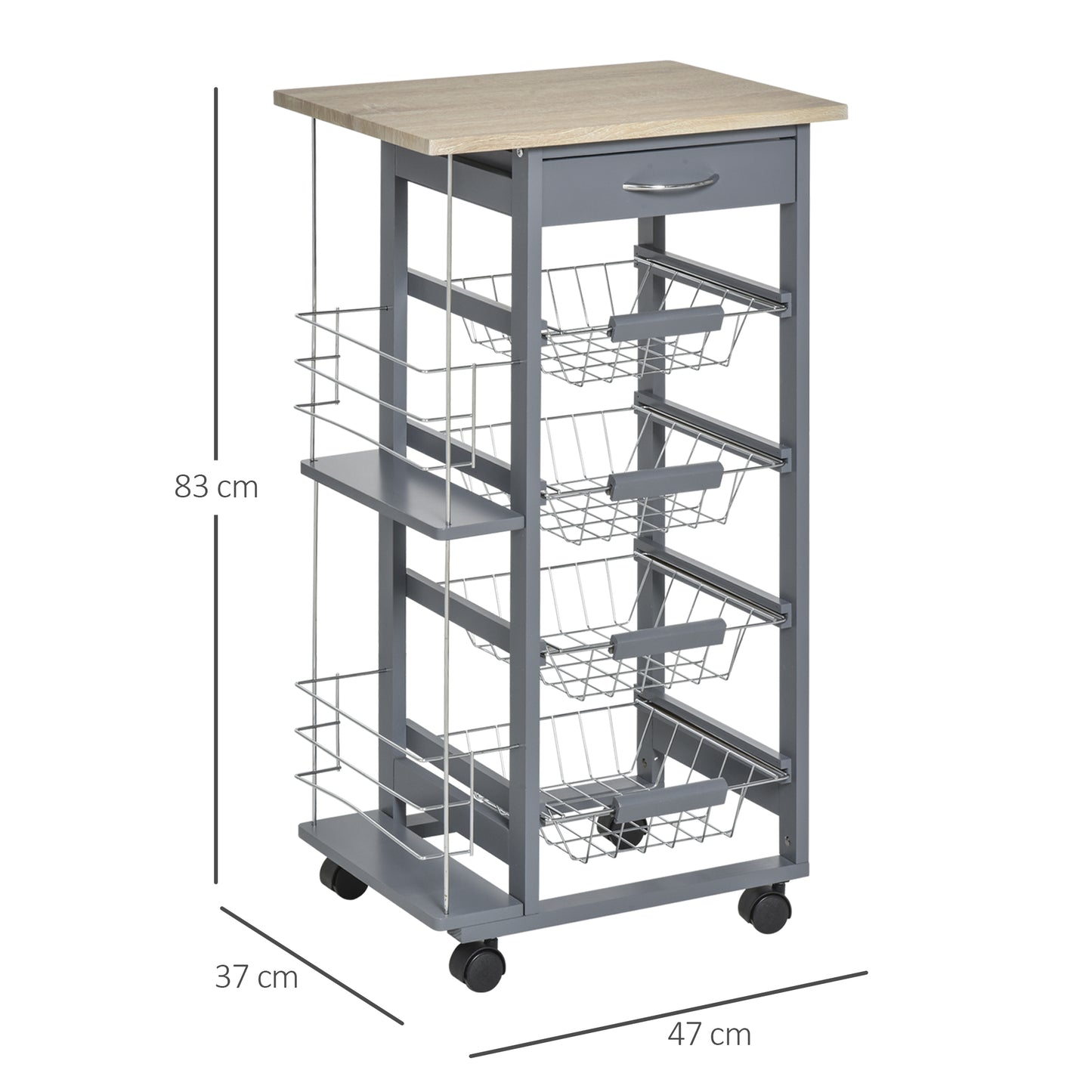 HOMCOM Rolling Kitchen Cart With Four Basket Drawers And Side Racks On Wheels For Dining Room Grey