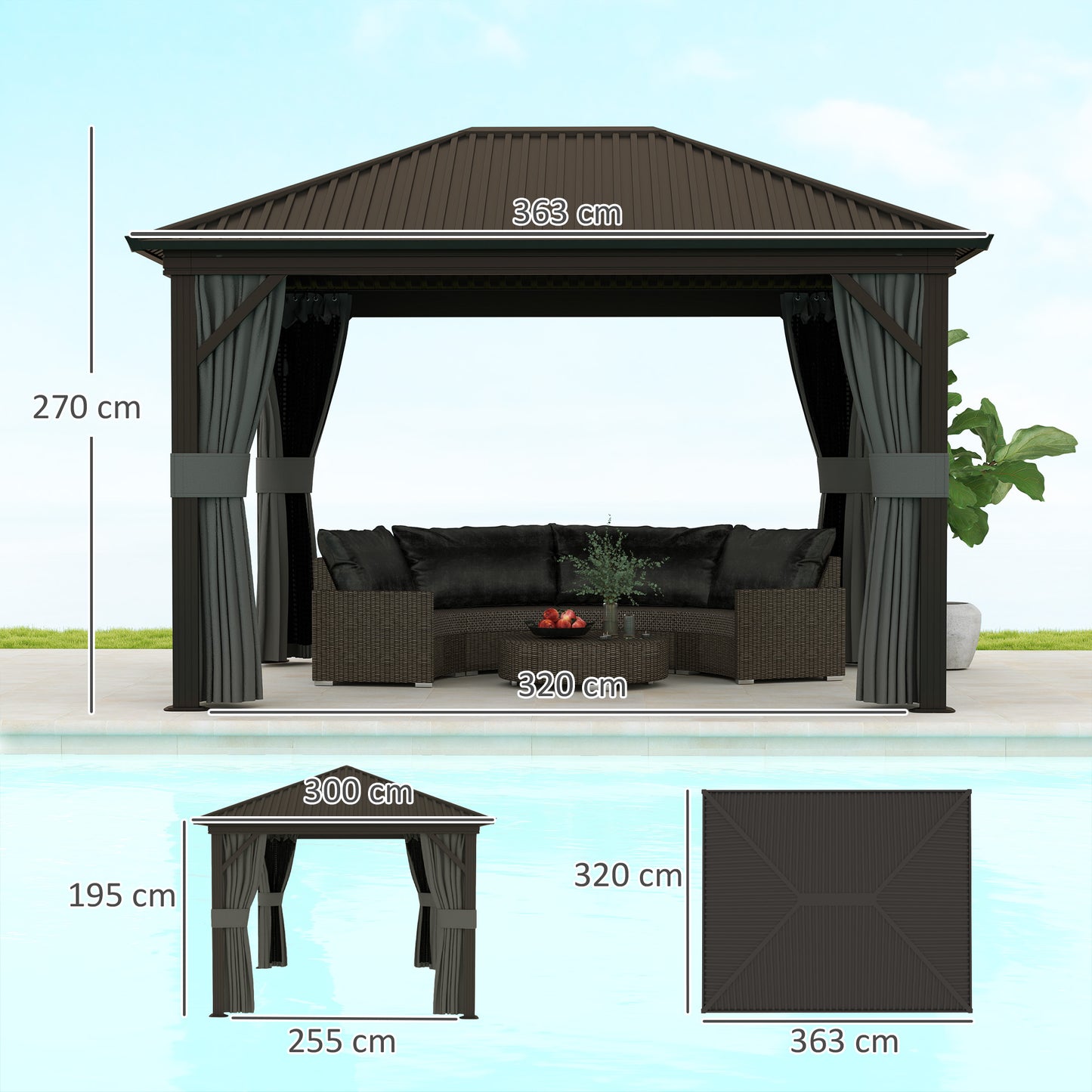 Outsunny 3.6 X 3 M Aluminium Hardtop Gazebo With Accessories In Dark Grey With Four Curtains And Inner Mesh Curtains