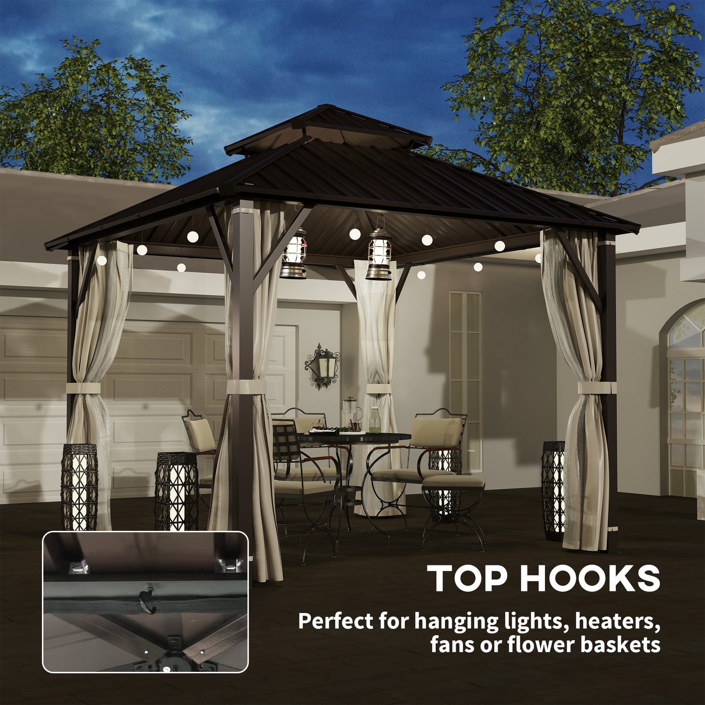 Outsunny 3x3m Hardtop Gazebo With Double Metal Roof Waterproof Permanent Pavilion Garden Netting Curtains Beige