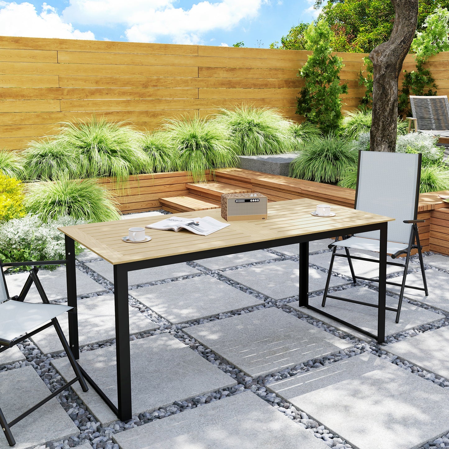 Outsunny 6 Person Outdoor Dining Table Rectangular With Slatted Top And Metal Frame 175x78x75 cm For Balcony Deck Teak