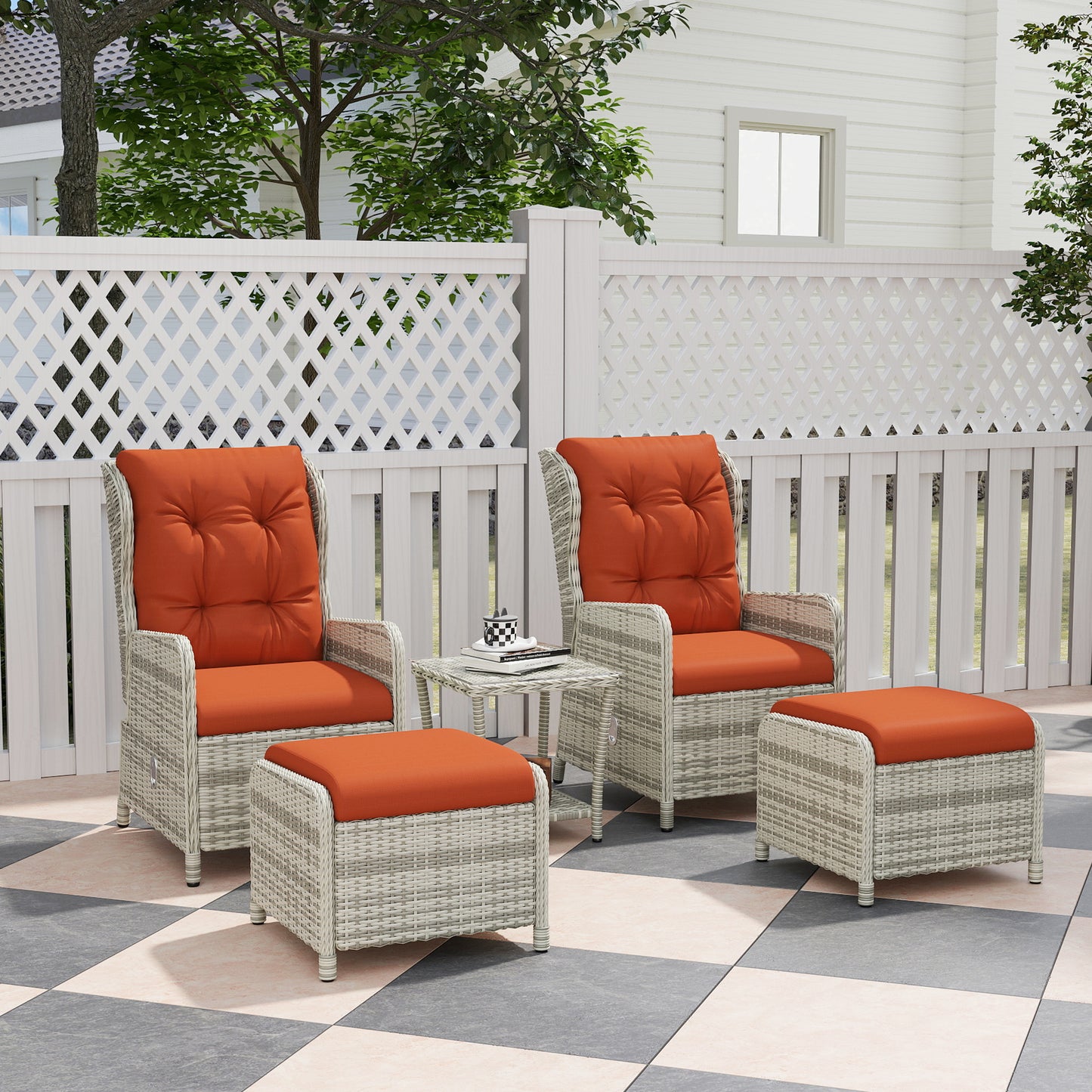 Outsunny 5 Pieces Rattan Bistro Set With Adjustable Back Reclining Cushions Outdoor Orange Footstools