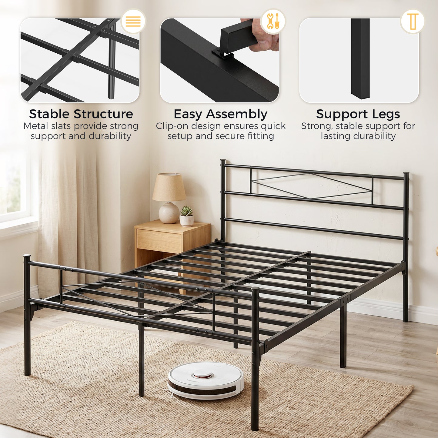 HOMCOM 4Ft6 Double Bed Frame With Headboard And Footboard, Metal Platform Bed Frame With 32 Cm Underbed Storage, Black