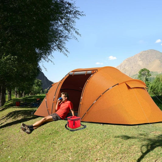 Outsunny 4-6 Person Camping Tent with Two Bedrooms - Hiking Sun Shelter, UV Protection Tunnel Tent in Vibrant Orange - ALL4U RETAILER LTD