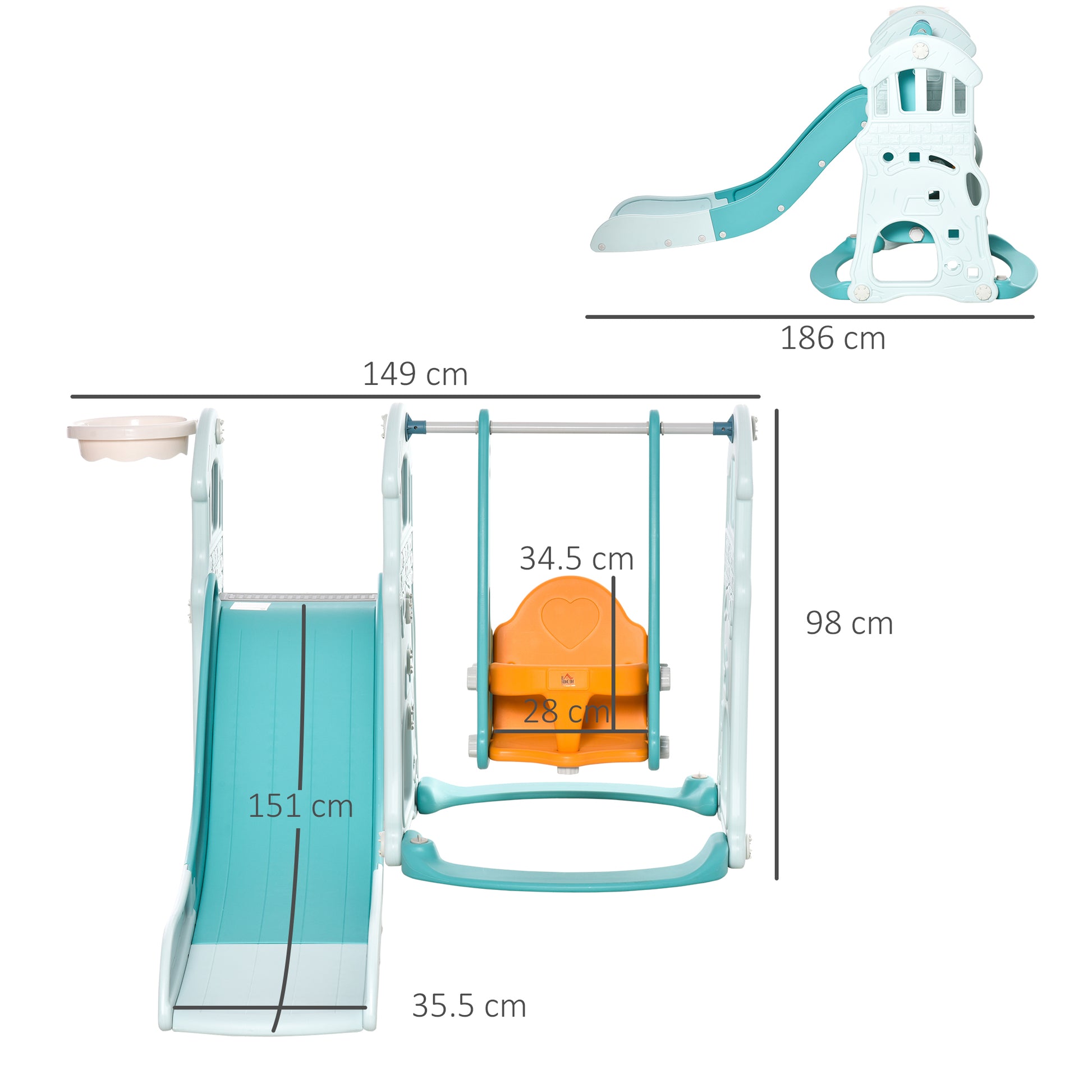 HOMCOM 3-in-1 Kids Playset: Slide, Swing & Basketball Hoop Activity Center for Toddlers with Adjustable Height and Water-Fillable Base - ALL4U RETAILER LTD