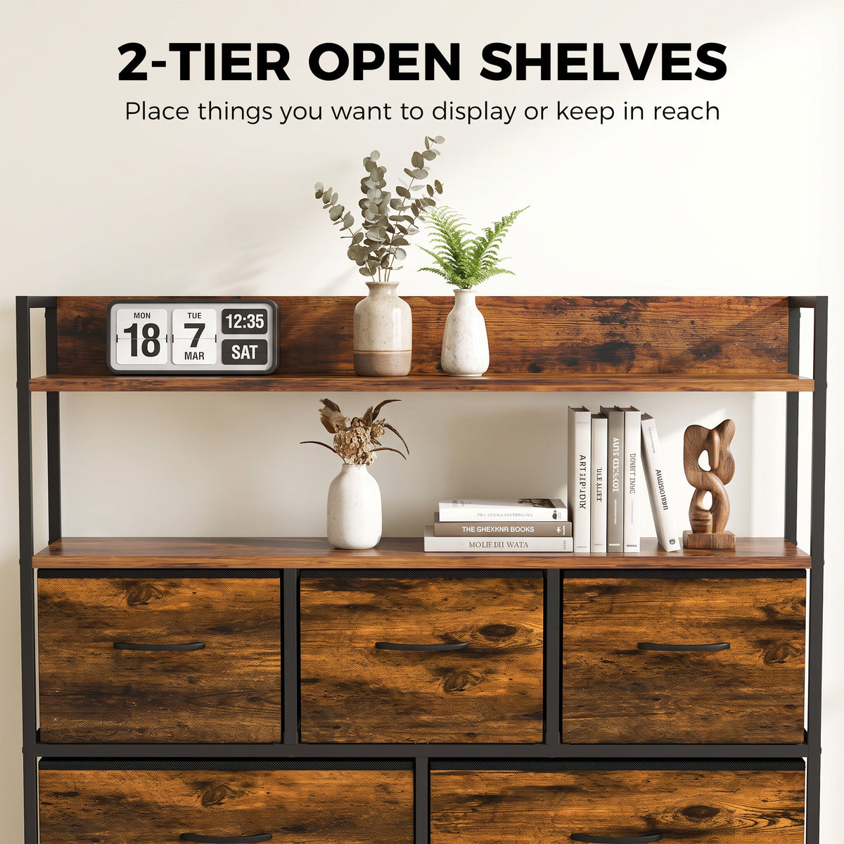 2-tier open shelf dresser with rustic brown drawers and metal frame