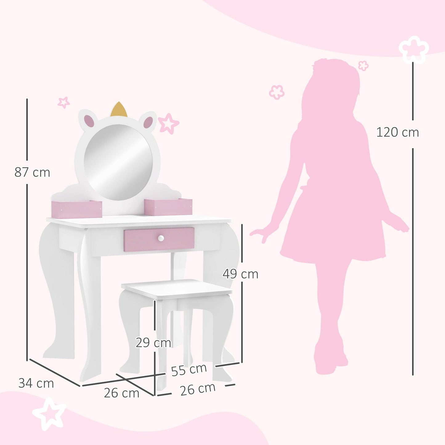 ZONEKIZ Unicorn-Design Kids Dressing Table, with Mirror and Stool - White - ALL4U RETAILER LTD