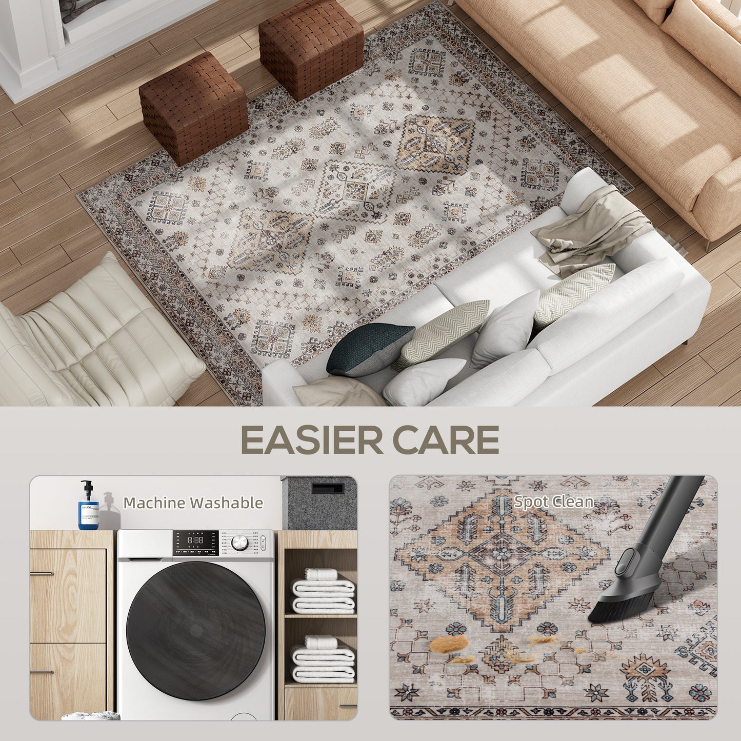 HOMCOM Vintage Area Rug Non Slip Washable Flannel Floor Carpet For Living Room Bedroom Dining Room 230x160 Cm Beige