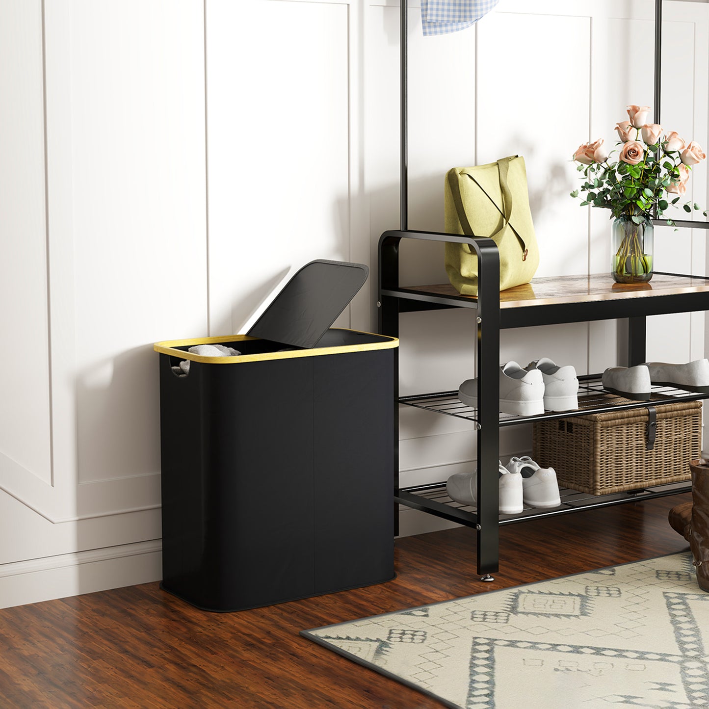HOMCOM Double Laundry Basket With Lid 80L Collapsible Hamper Twin 40L Compartments For Bathroom Laundry Room