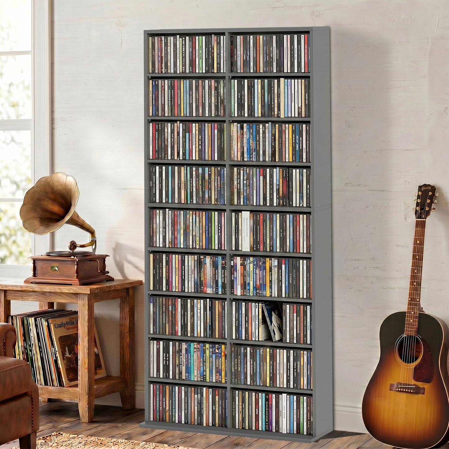 HOMCOM 640 CD Storage Tower Grey With 14 Adjustable Shelves Holds 640 CDs And 360 DVDs Anti Tipping Design