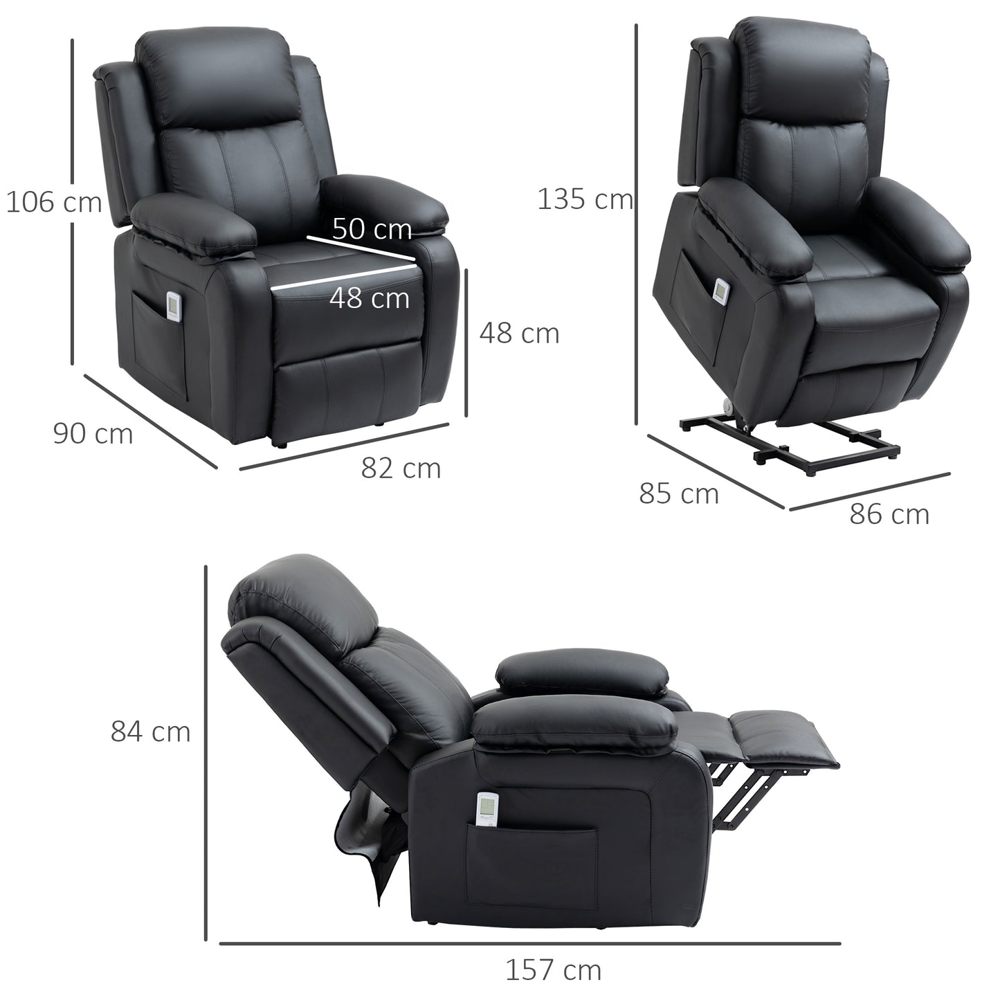 HOMCOM Power Lift Chair Riser And Recliner With Vibration Massage PU Leather Motorized For Elderly Black