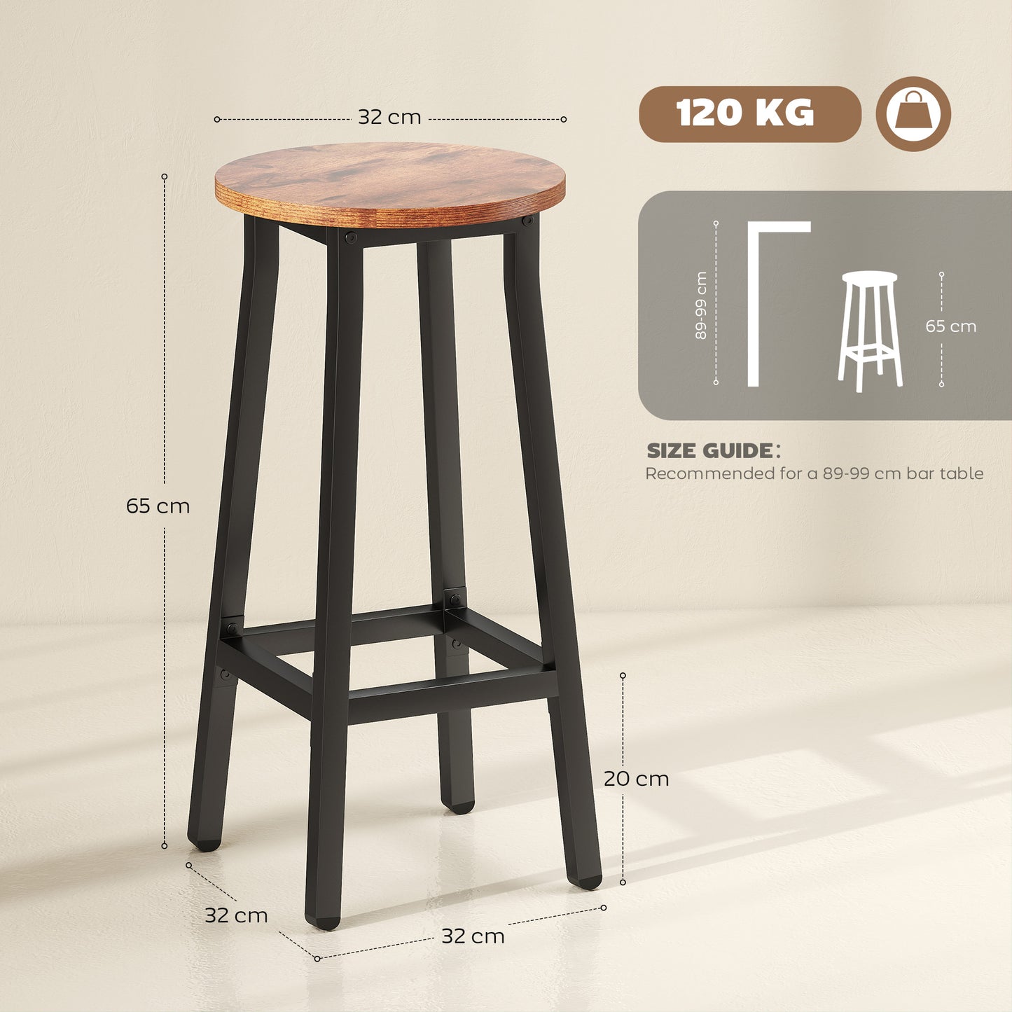HOMCOM Breakfast Bar Stools Set of 2 with Footrest Industrial Round Rustic Brown 32 x 32 x 65 cm