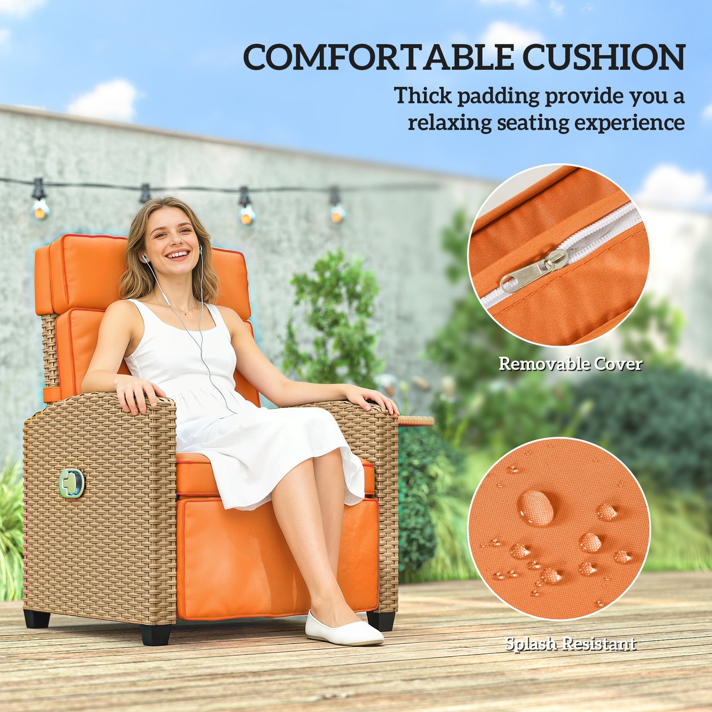 Outsunny 145 Degree Reclining Rattan Armchair With Manual Footrest Khaki Orange Outdoor Patio Lounge