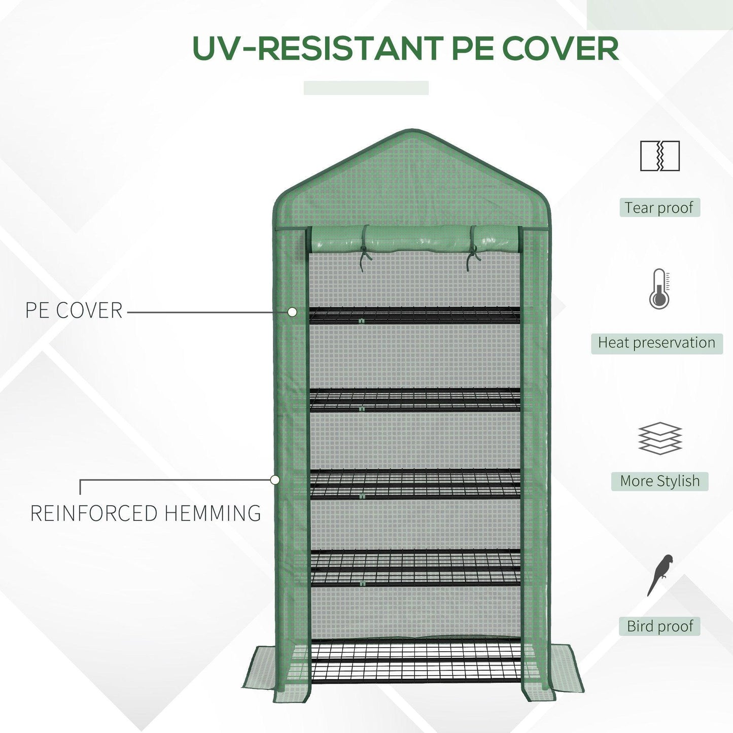 Outsunny 5 Tier Widened Mini Greenhouse w/ Reinforced PE Cover, Portable Green House w/ Roll-up Door & Wire Shelves, 193H x 90W x 49Dcm, Green - ALL4U RETAILER LTD