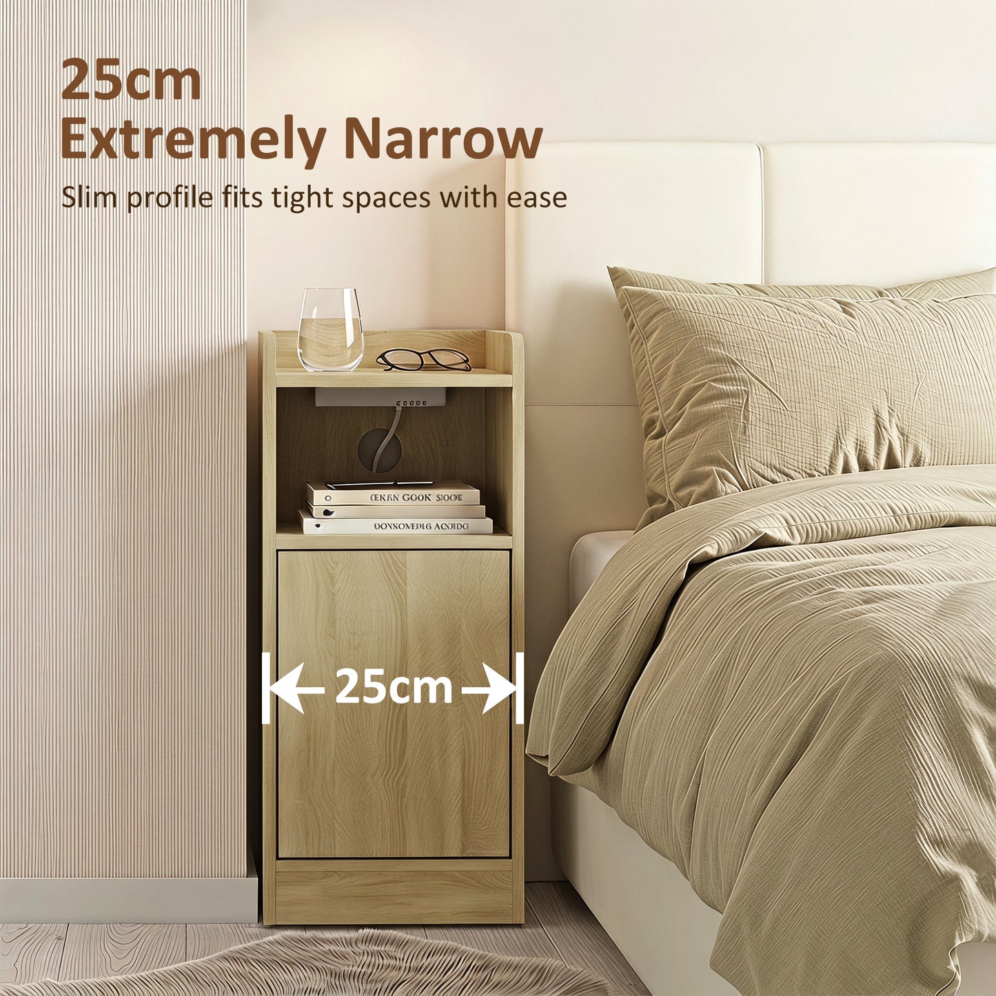 HOMCOM Slim Bedside Table Set Of 2 Oak With Charging Station