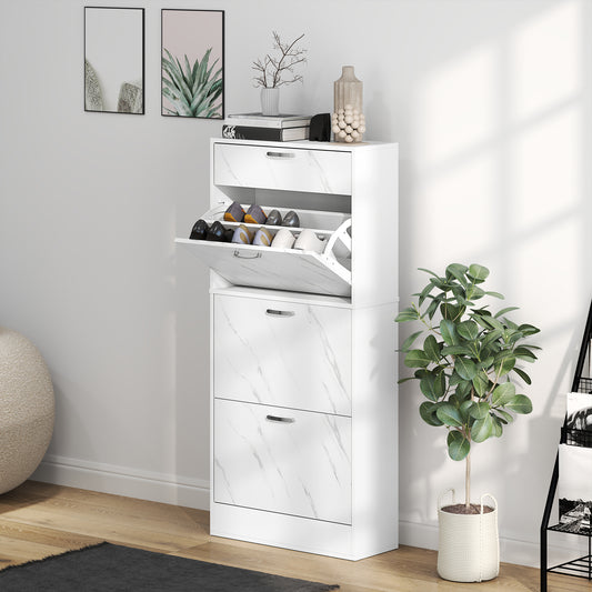 HOMCOM Marble White Shoe Storage Cabinet With 3 Flip Drawers Top Drawer And Adjustable Shelves Hallway Cabinet