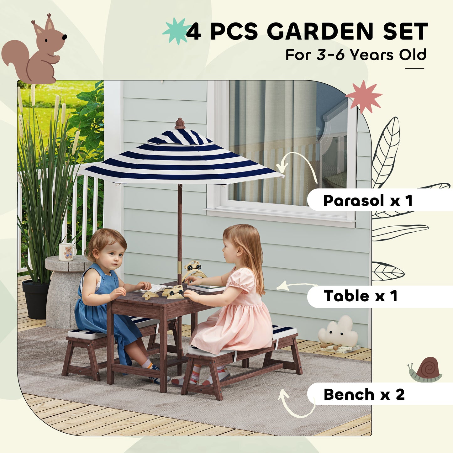 AIYAPLAY Outdoor Wooden Kids Picnic Table Bench Set With Cushions And Umbrella Navy Blue For Patio Garden Seats Four