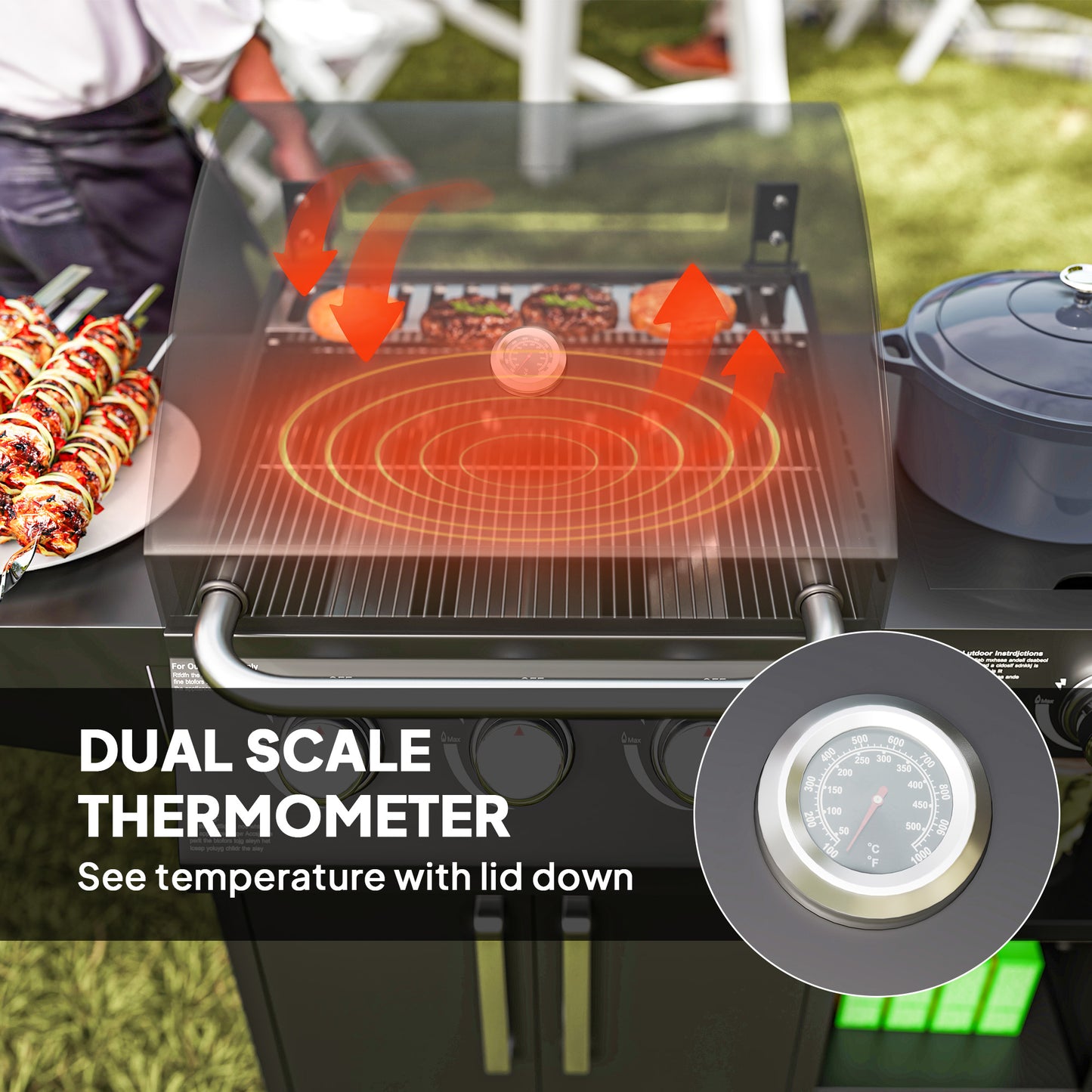 Outsunny 3+1 Burner Gas BBQ Grill With Storage Cabinet And Shelves 9.5 kW Trolley With 6 Castor Wheels