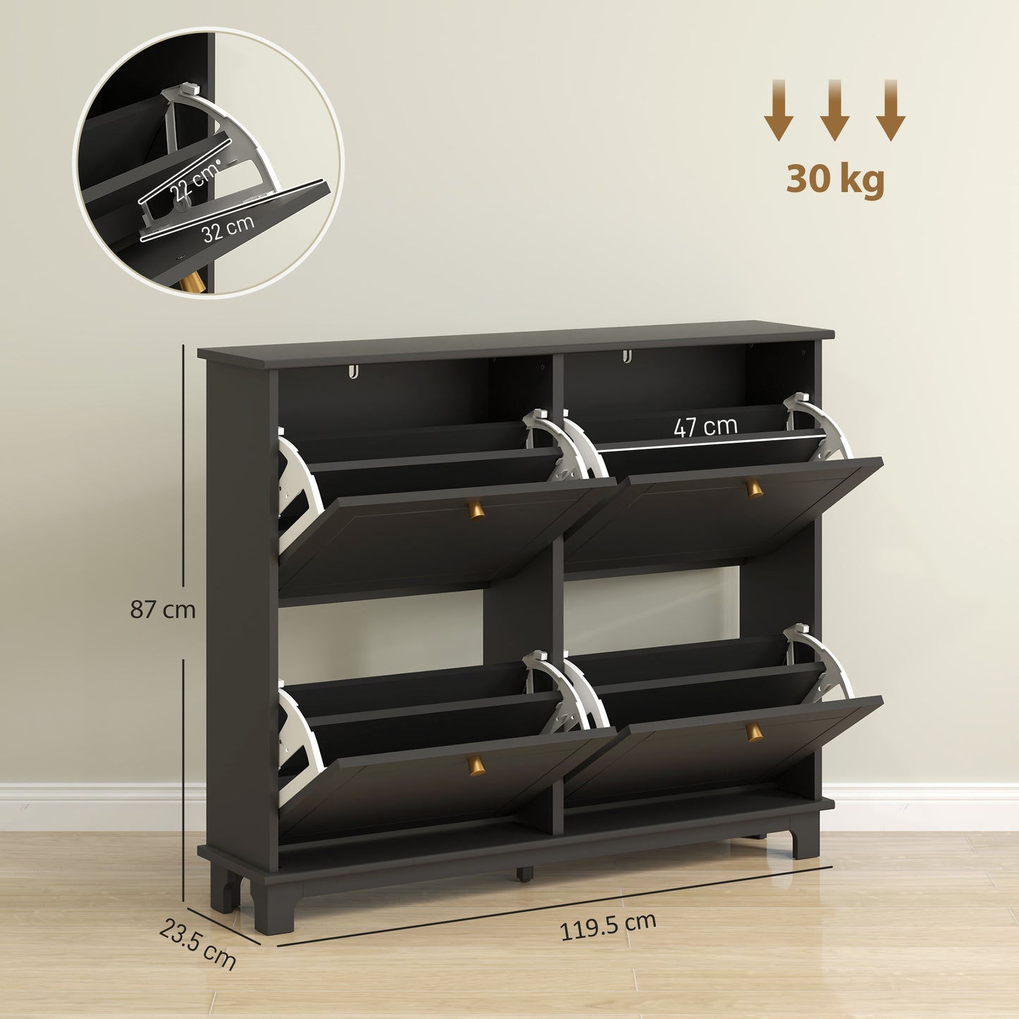 HOMCOM Slim Narrow Shoe Storage Cabinet With Four Flip Drawers And Adjustable Shelves Holds 16 Pairs Of Shoes Black