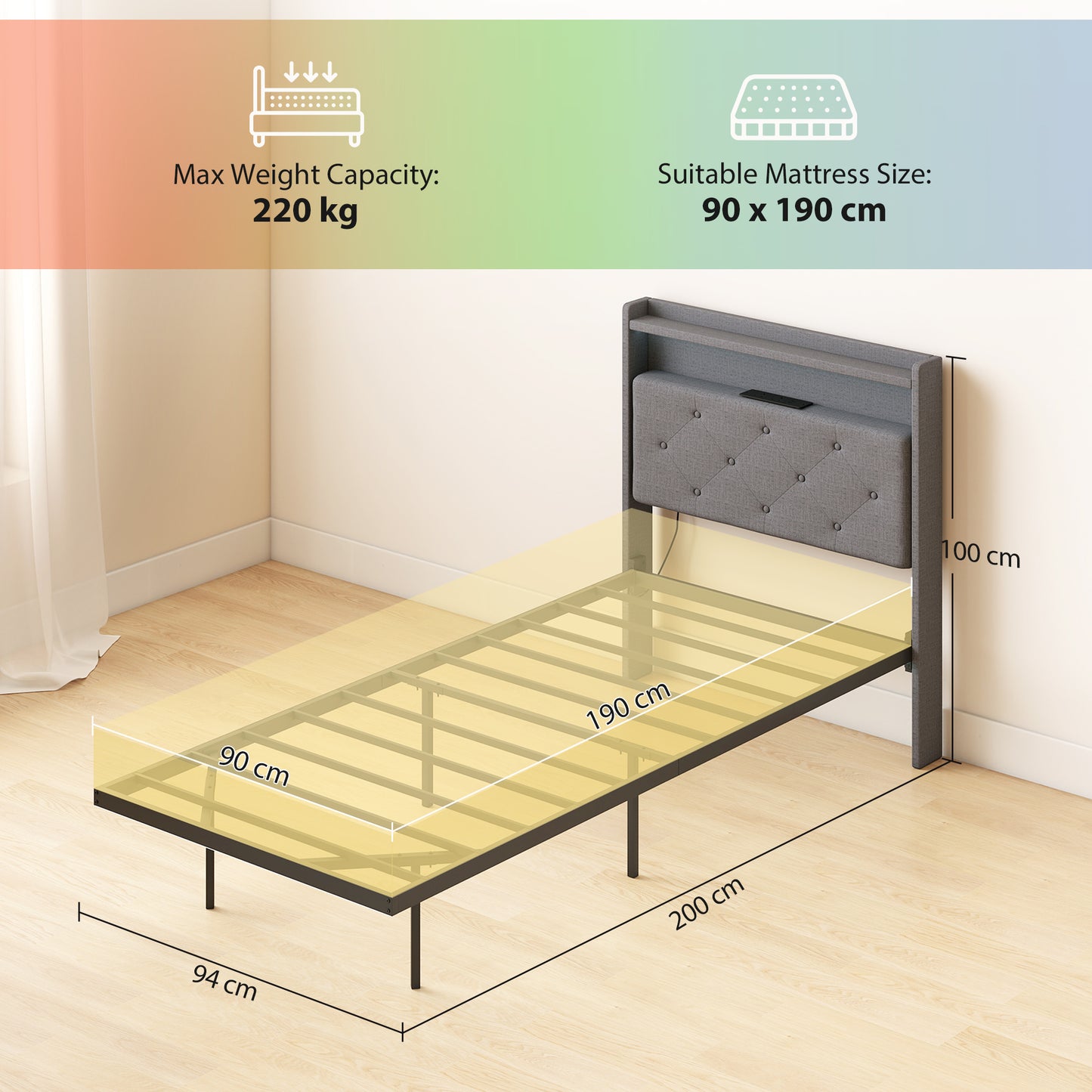HOMCOM Floating Bed Frame 3ft Single Size Platform Bed With RGB LED Lights And Charging Station Grey