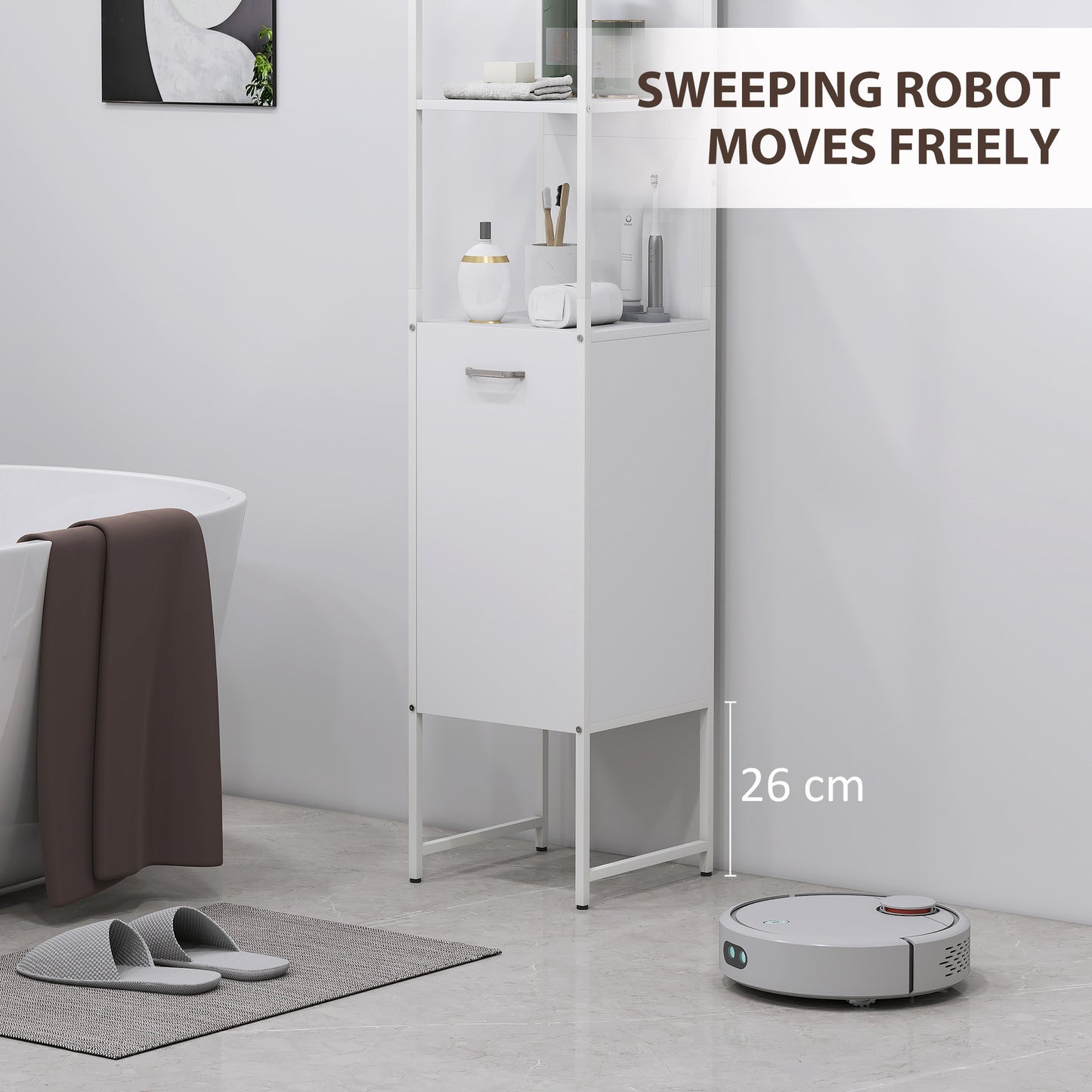 HOMCOM Tall Slim Bathroom Cabinet With Open Shelves And Closed Compartments White Five Level Adjustable Shelf