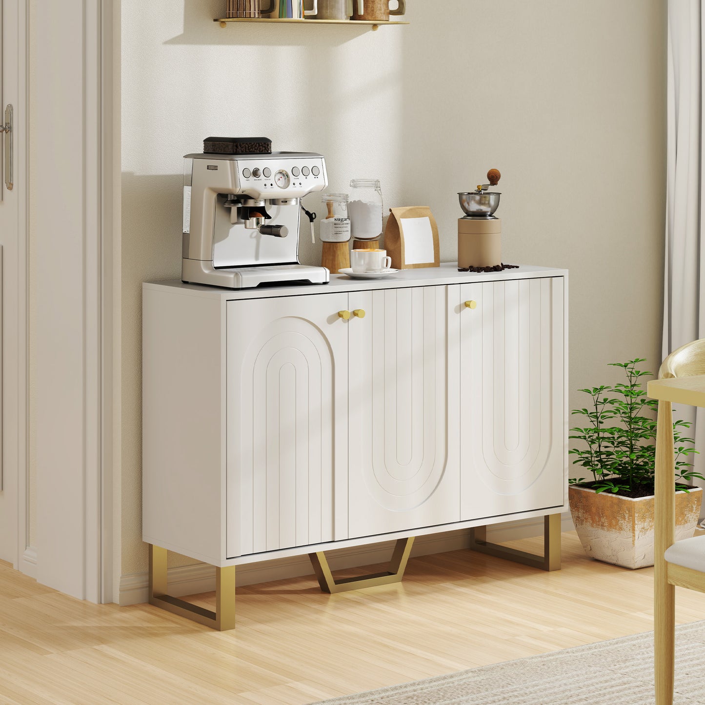 HOMCOM 3 Door Sideboard Storage Cabinet White With Adjustable Shelves Arched Doors And Gold Accents