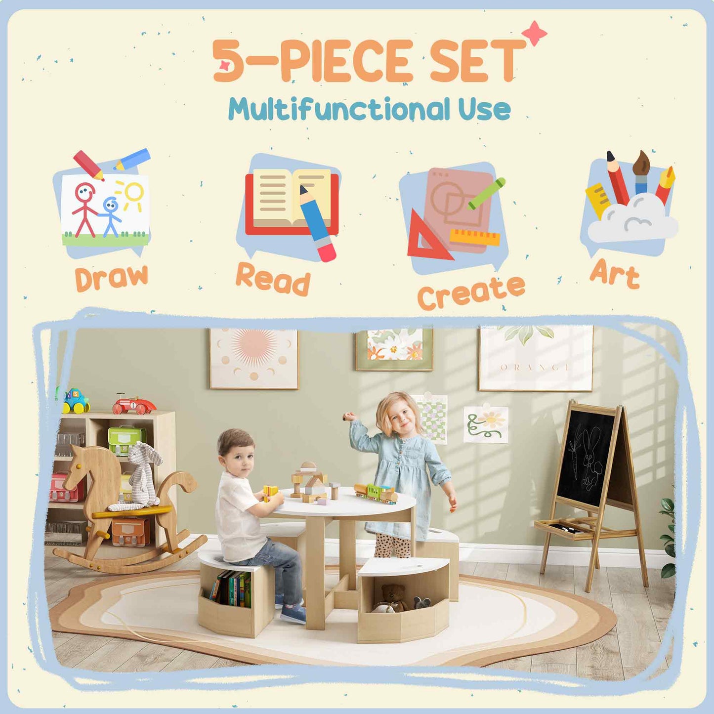 AIYAPLAY Five Piece Kids Table And Chairs Set With Storage For Ages 3 To 8 White