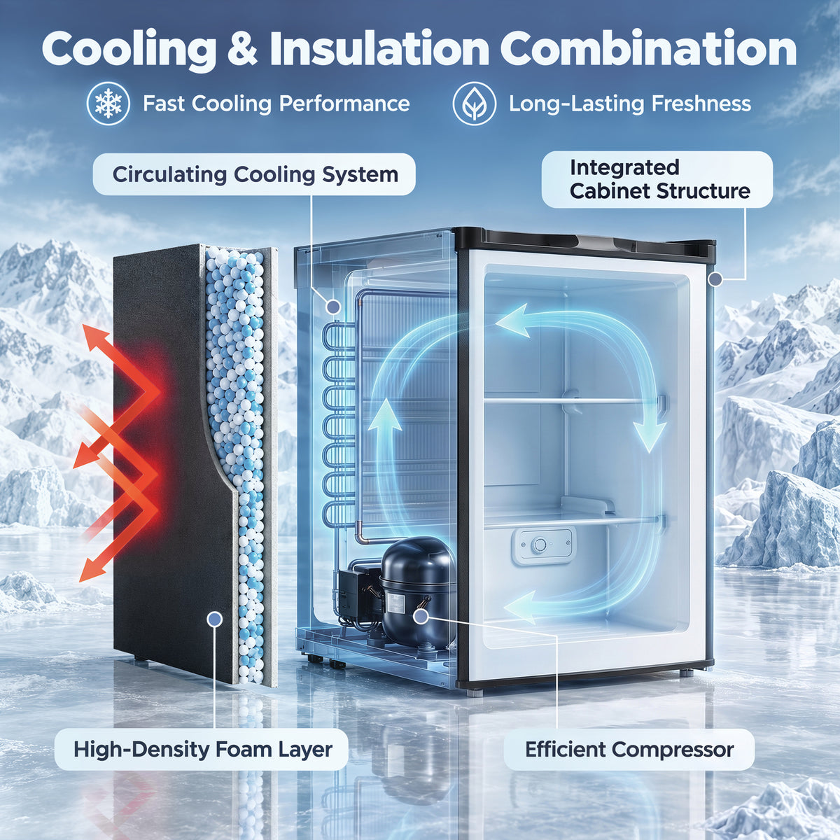 Upright freezer cross-section diagram with cooling and insulation layers