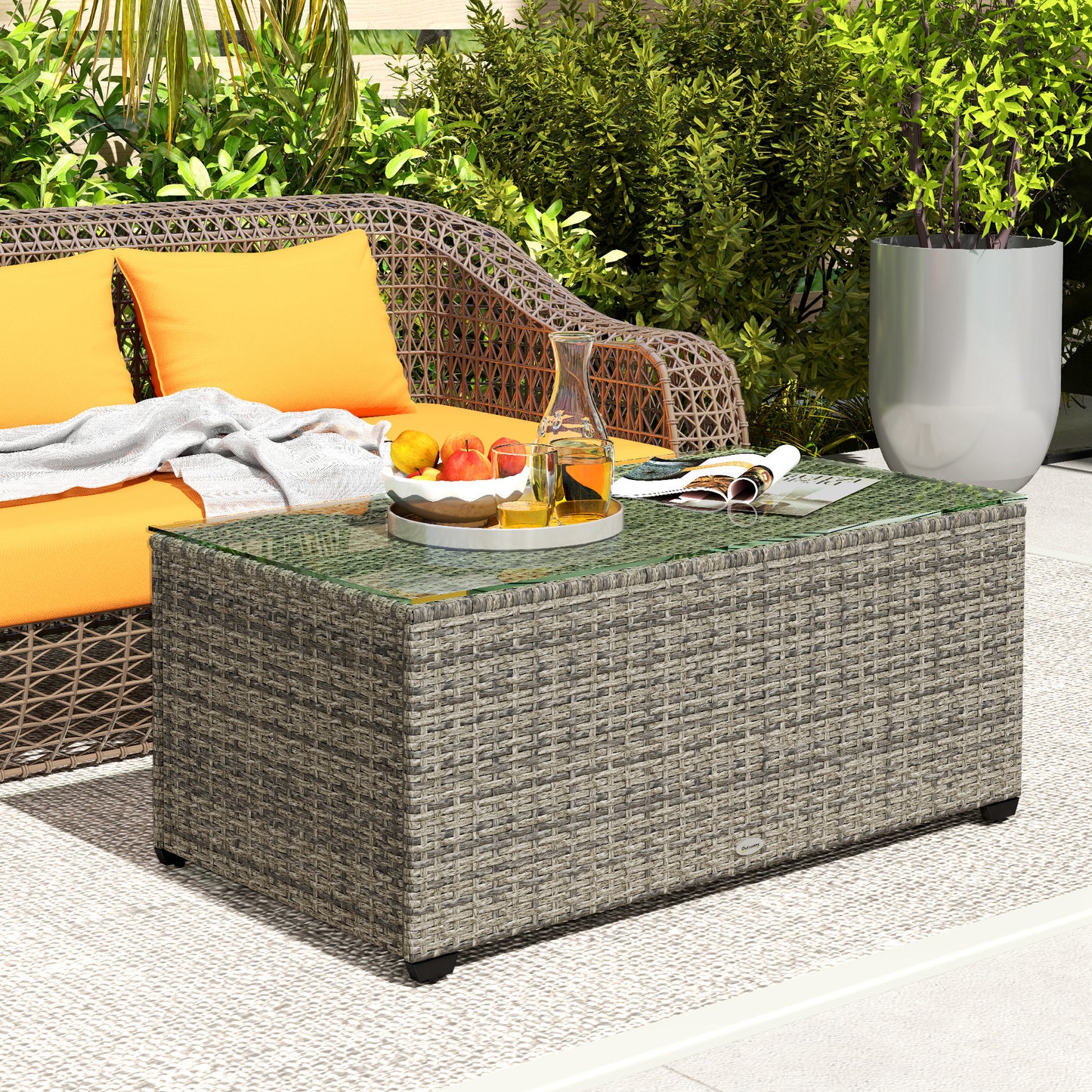 Outsunny 90 x 50cm Glass Top Rattan Side Table Dark Grey Outdoor Garden Furniture With 5mm Tempered Glass