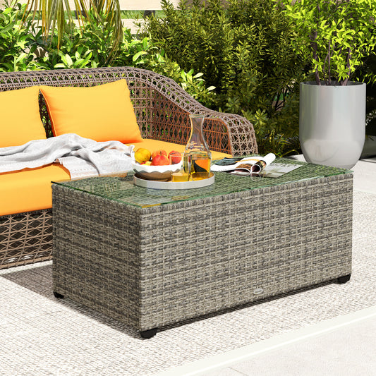 Outsunny 90 x 50cm Glass Top Rattan Side Table Dark Grey Outdoor Garden Furniture With 5mm Tempered Glass