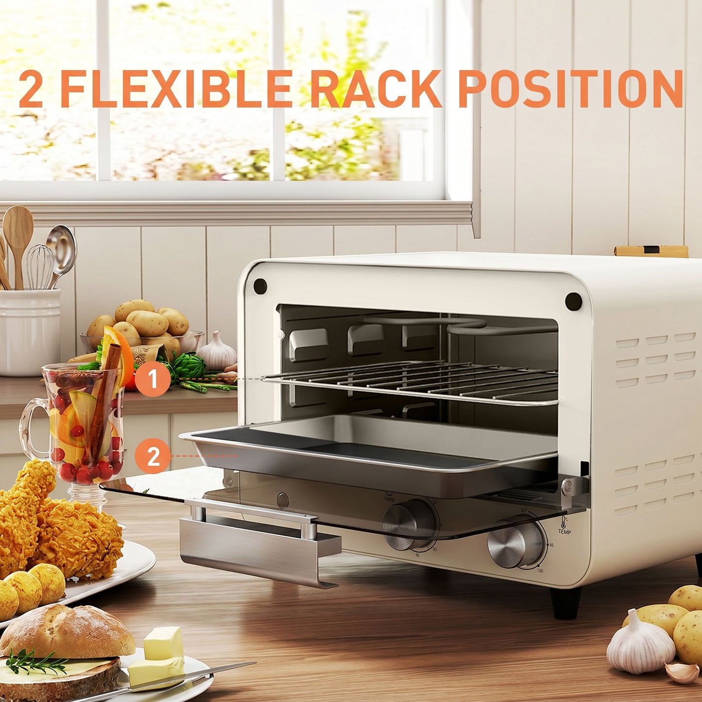 HOMCOM Mini Oven 12L Capacity Small Toaster Oven With Glass Door 750W Adjustable Temperature And Timer Cream White