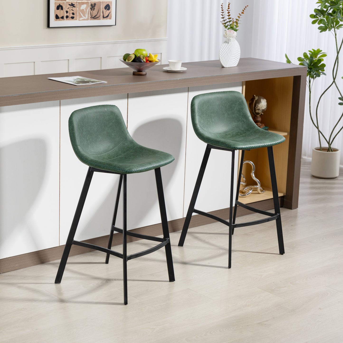 HOMCOM Bar Stools Set 2 PU Leather Backrest Footrest for Kitchen Counter Breakfast Bar Green