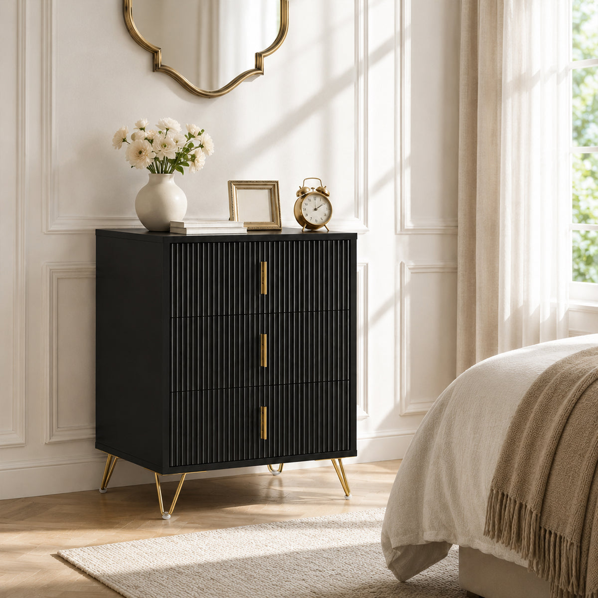 Homcom Modern Fluted 3 Drawer Dresser With Metal Legs For Bedroom Black