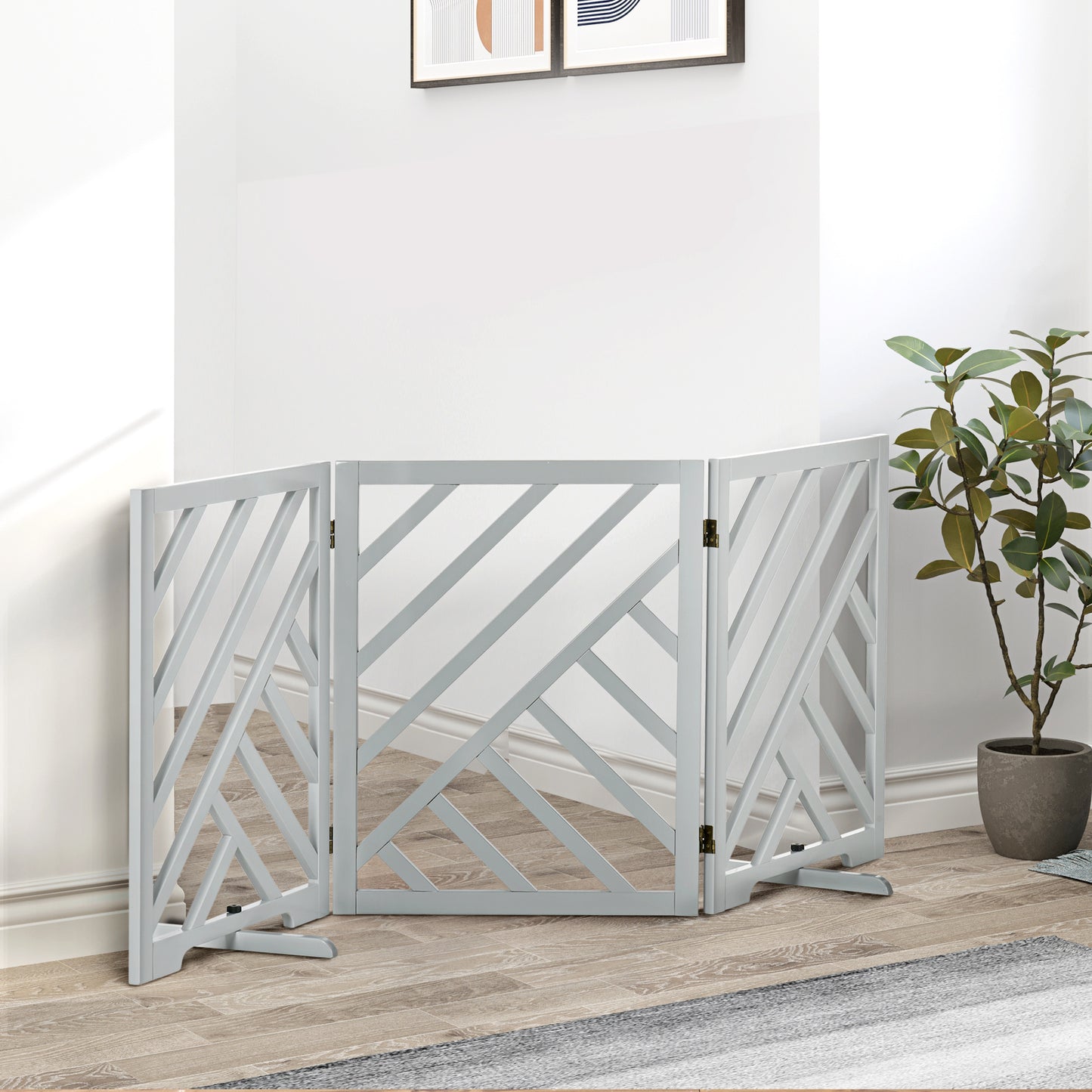 PawHut Freestanding Wooden Dog Barrier Gate, Adjustable Folding Pet Fence for Indoor Use, Grey - ALL4U RETAILER LTD