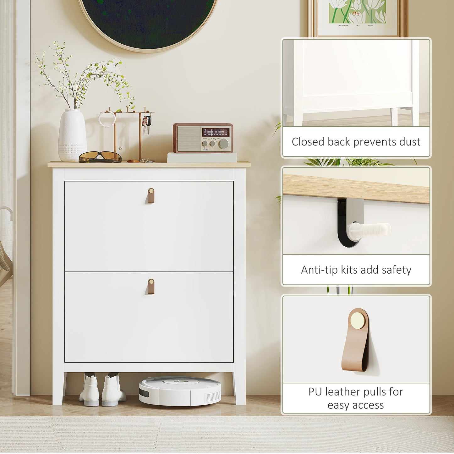 HOMCOM Modern Two Drawer Shoe Cabinet White Slim Shoe Storage For 14 Pairs UK Mens 9.5