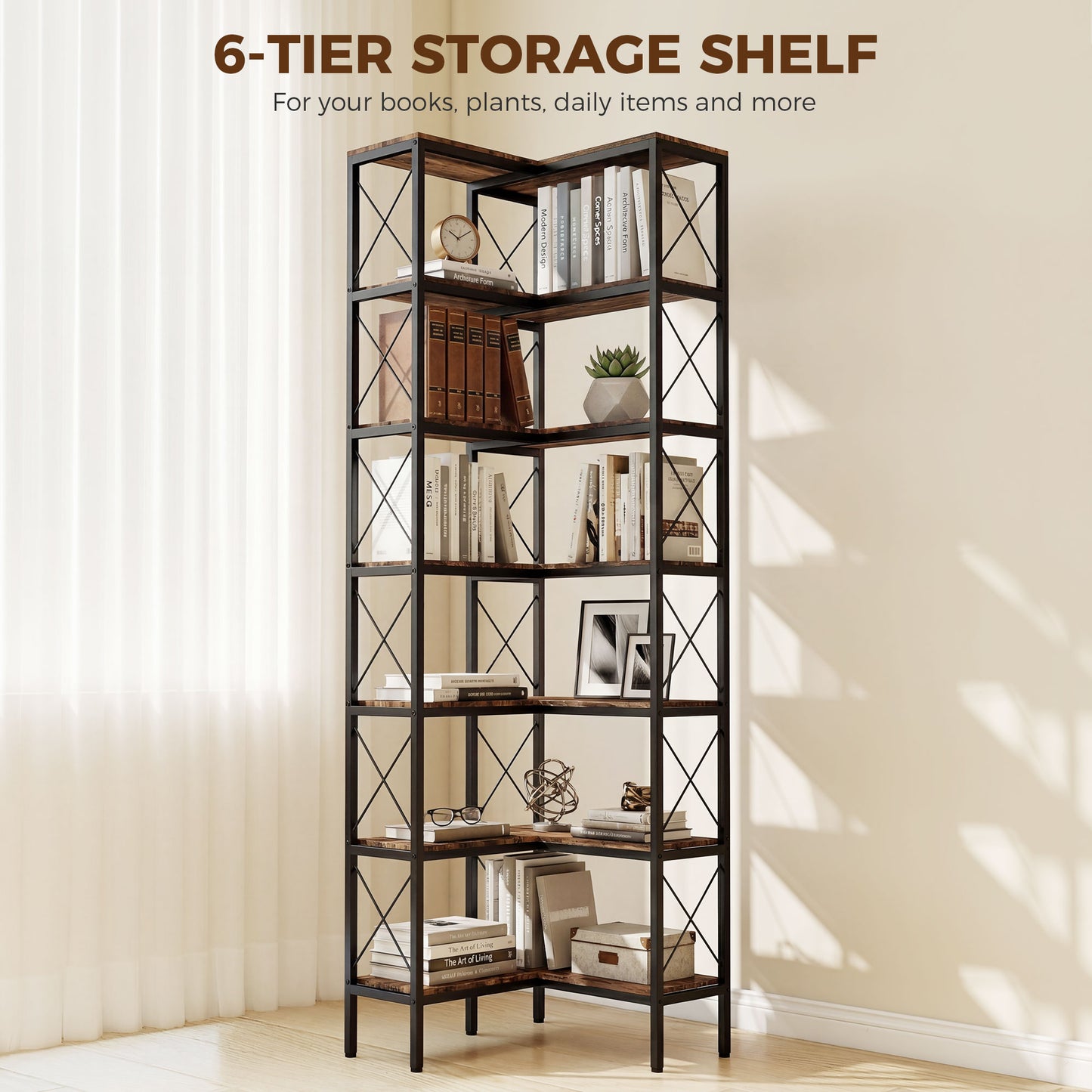 HOMCOM 200 cm Industrial 6 Tier L Shaped Bookshelf Freestanding Corner Bookcase With Metal Frame Rustic Brown Finish