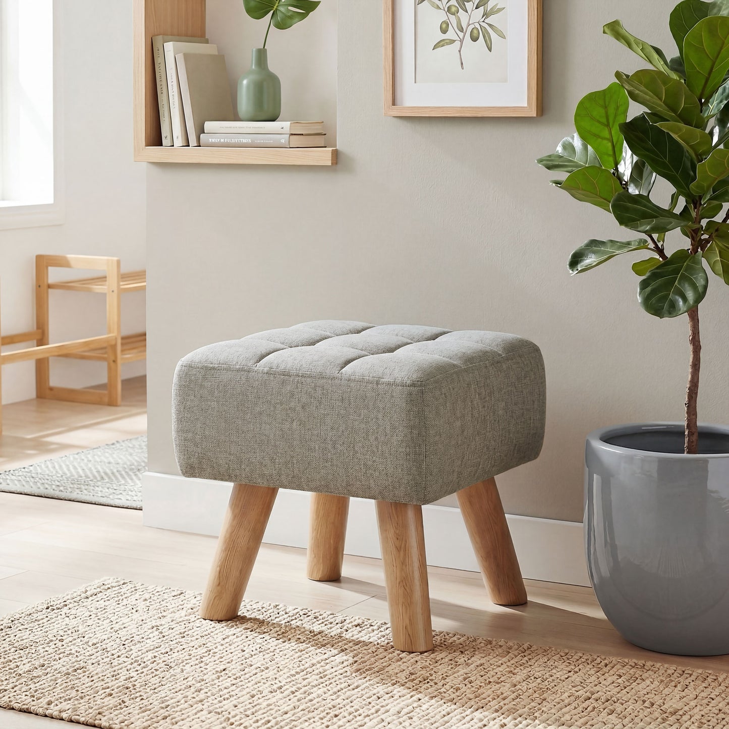 HOMCOM Linen Look Square Padded Footstool With Tufted Top And Wooden Legs Light Brown