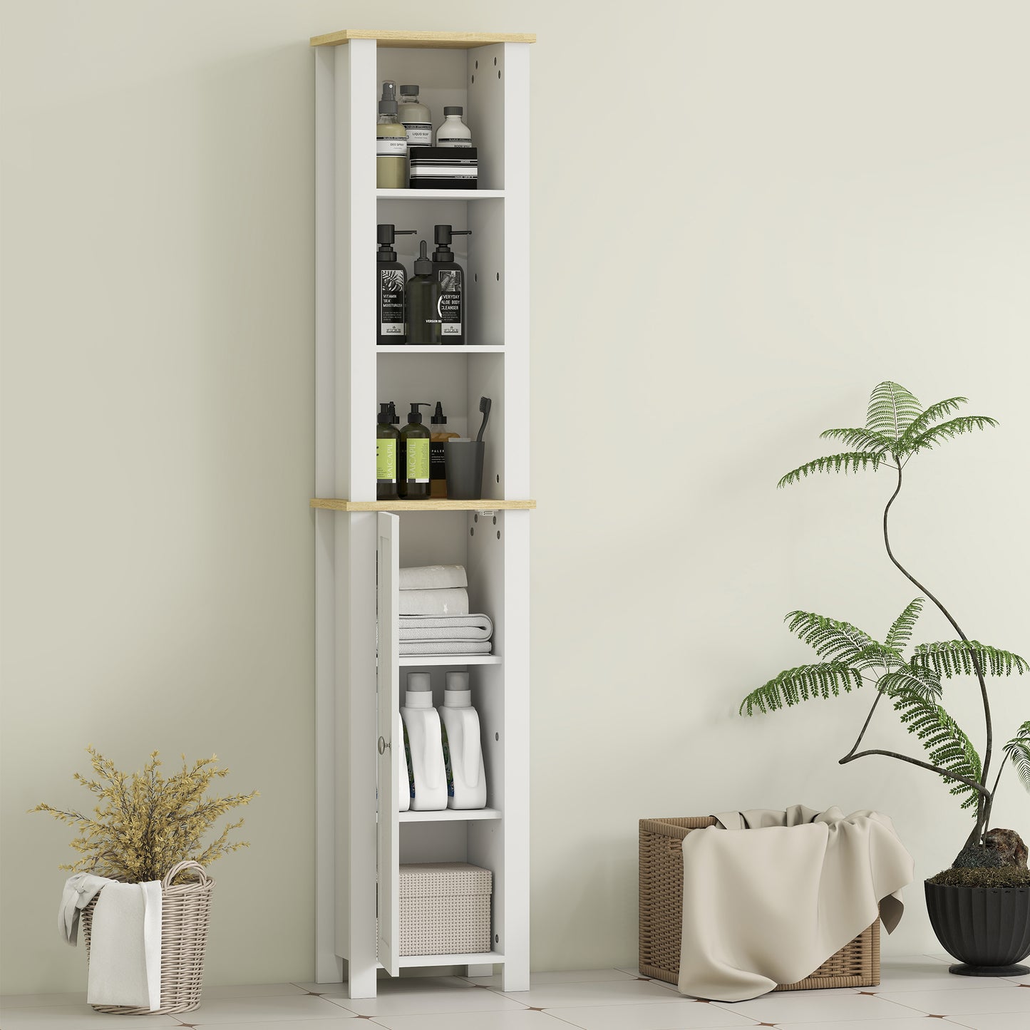 Kleankin Slim Bathroom Storage Cabinet With Three Open Compartments And Adjustable Shelves White 34 x 23 x 165 Cm