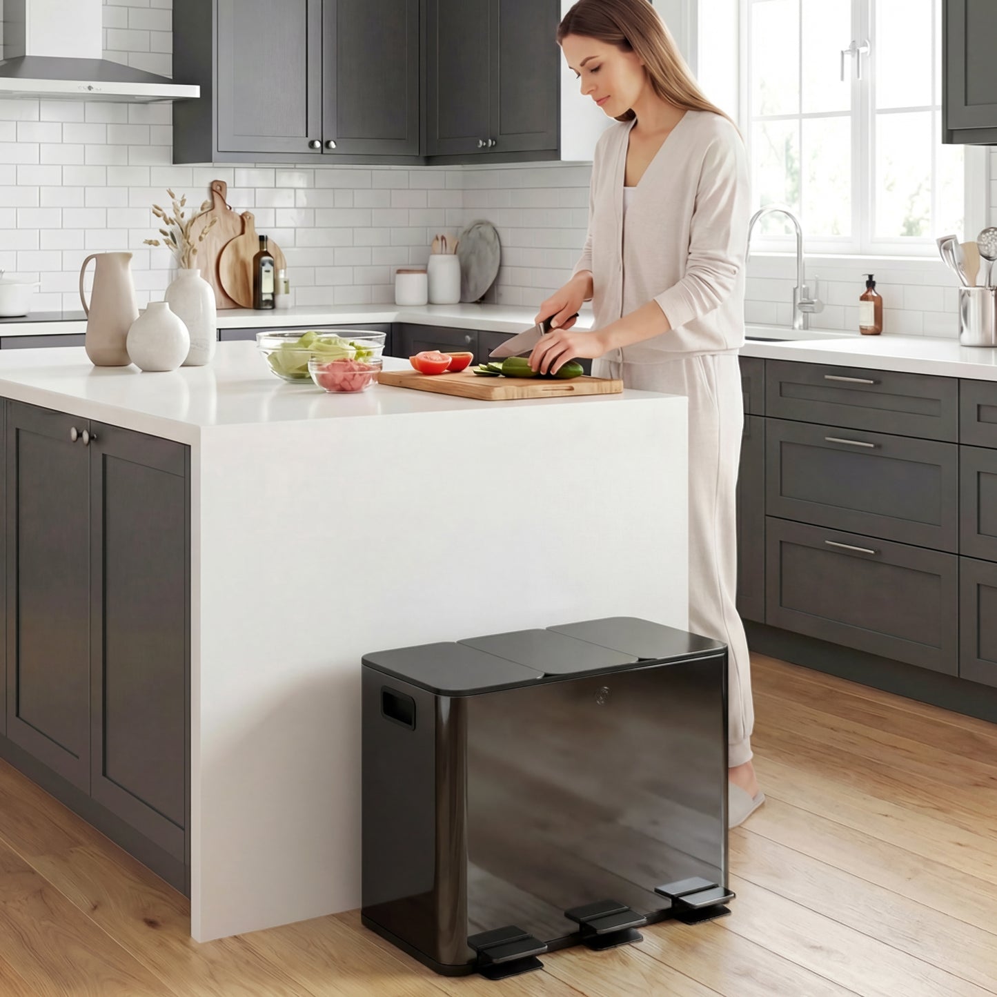 HOMCOM 3 x 15L Pedal Bin Stainless Steel Kitchen Bin With Soft Close Lid Removable Buckets Fingerprint Proof Black
