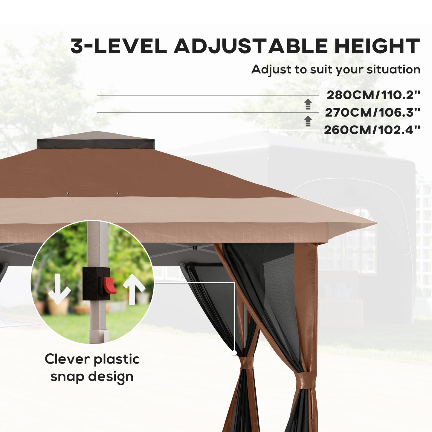 Outsunny 3.6m By 3.6m Pop Up Gazebo With Accessories Brown UPF50 Canopy Mesh Liner Adjustable Height 260 270 280 Cm