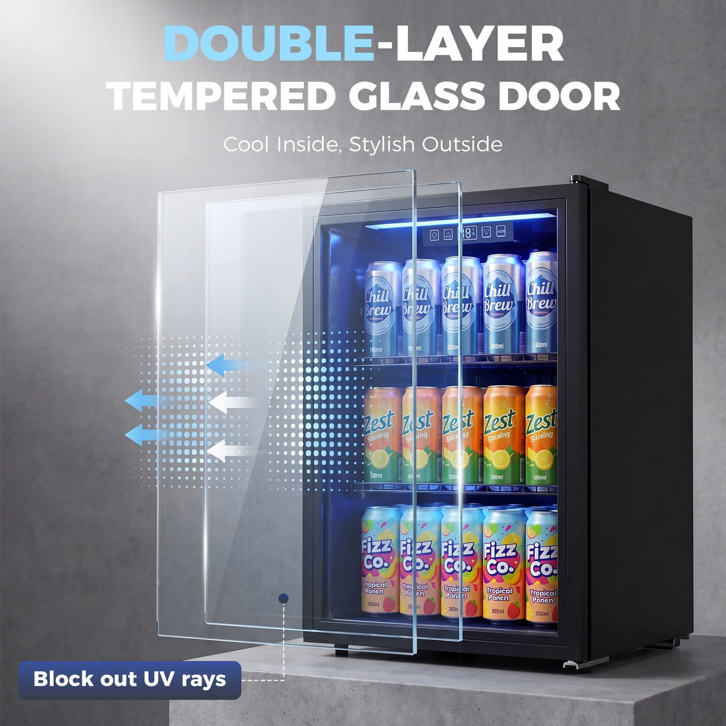 HOMCOM 70L Under Counter Drinks Fridge With LED Light Freestanding Beer Cooler For 70 Cans Or 21 Bottles